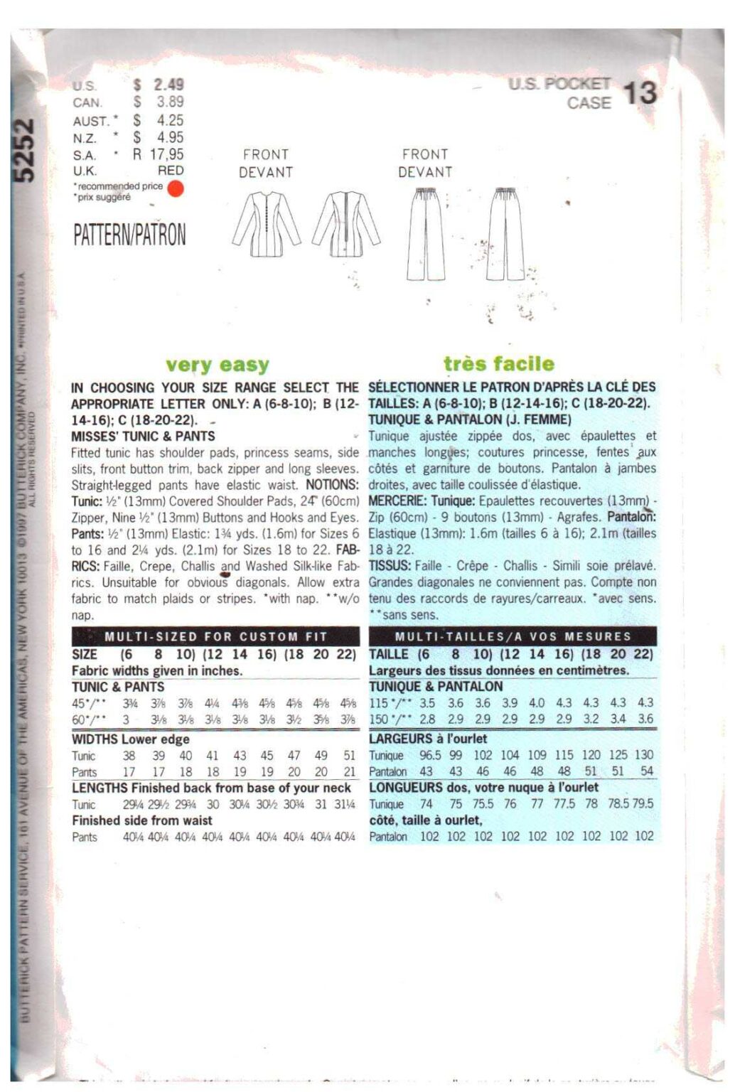 Butterick 5252 Tunic, Pants Size C 182022 Uncut Sewing Pattern