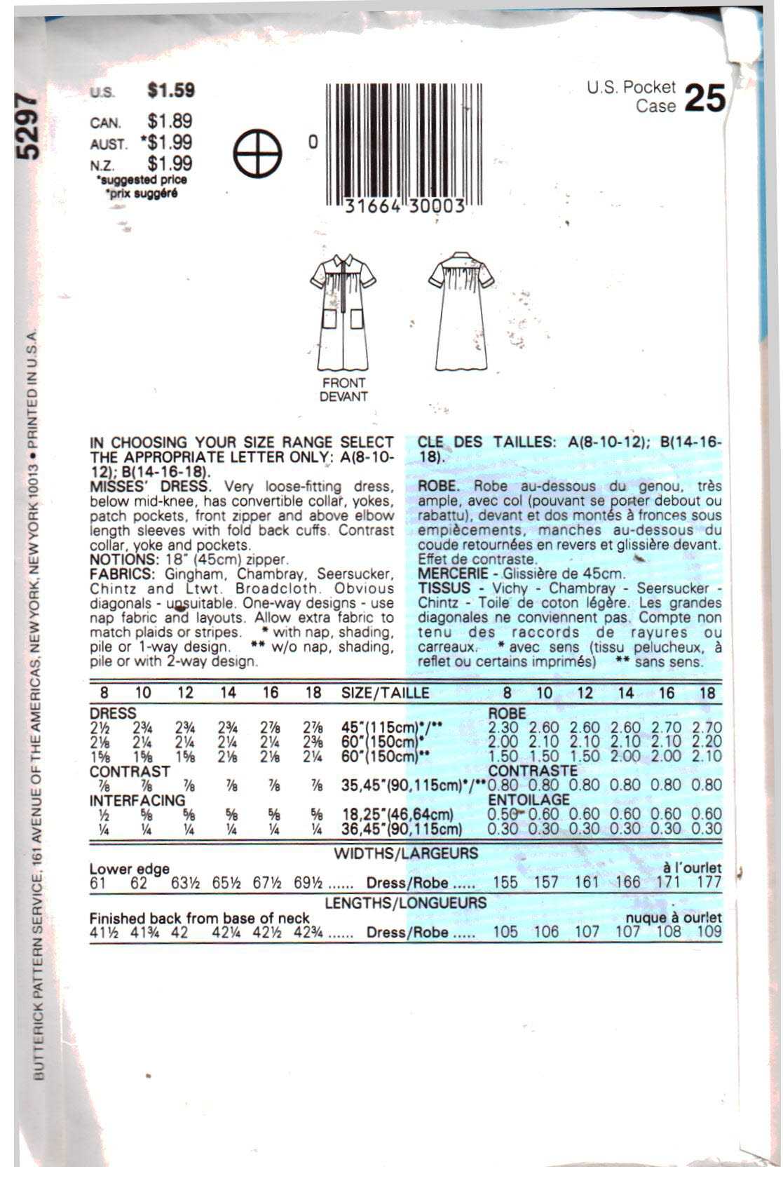 Butterick 5297 Dress Size: A 8-10-12 Uncut Sewing Pattern