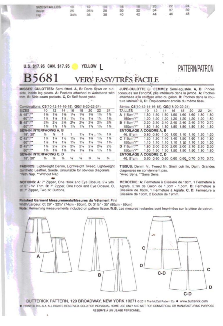Butterick B5681 Culottes Size: C5 10-12-14-16-18 Uncut Sewing Pattern