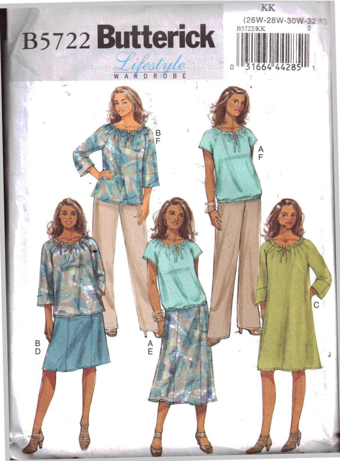 Butterick B5722 Top, Dress, Skirt, Pants Size KK 26W32W Uncut Sewing