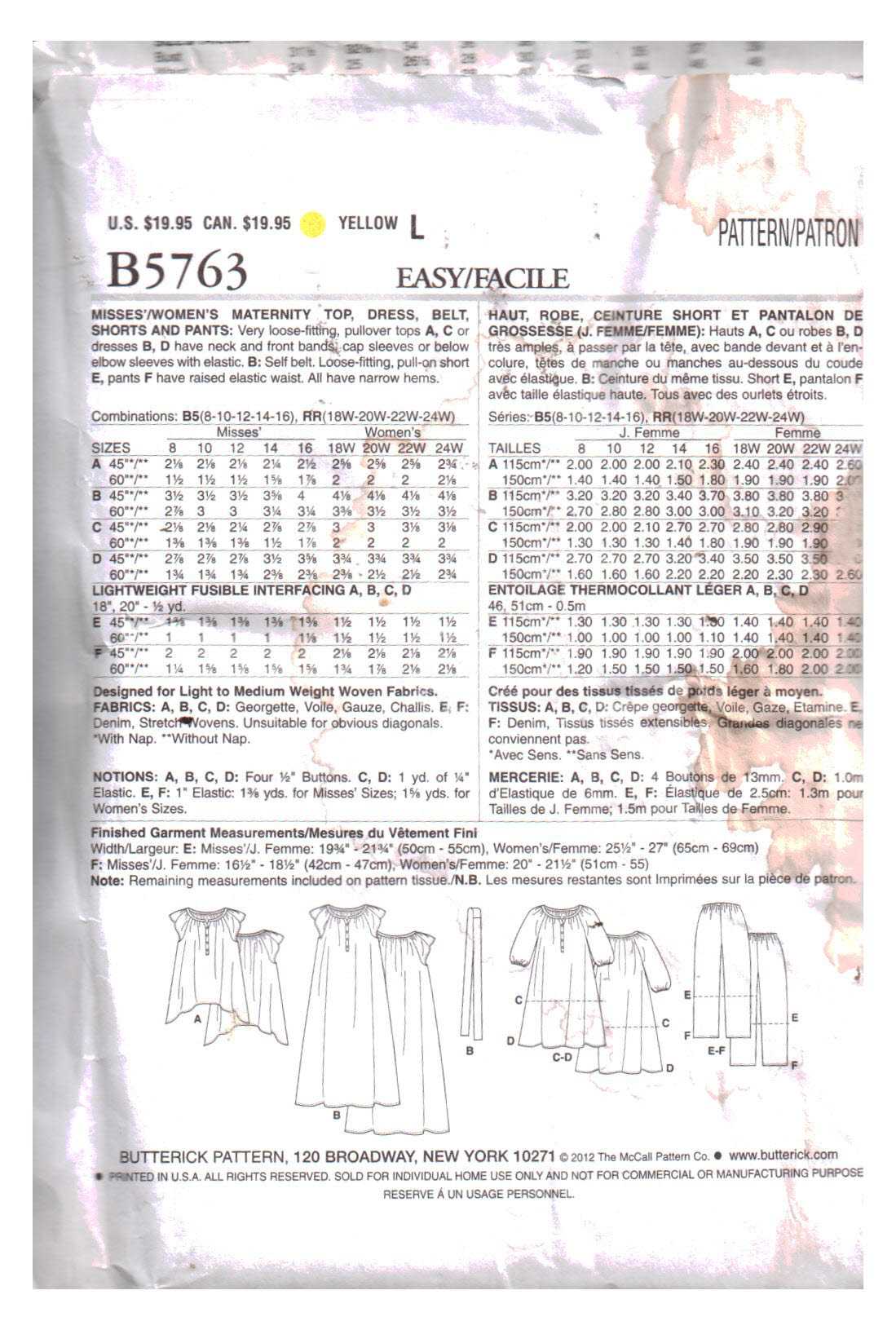 Butterick B5763 Maternity Top, Dress, Shorts, Pants Size: B5 8-10-12-14 ...