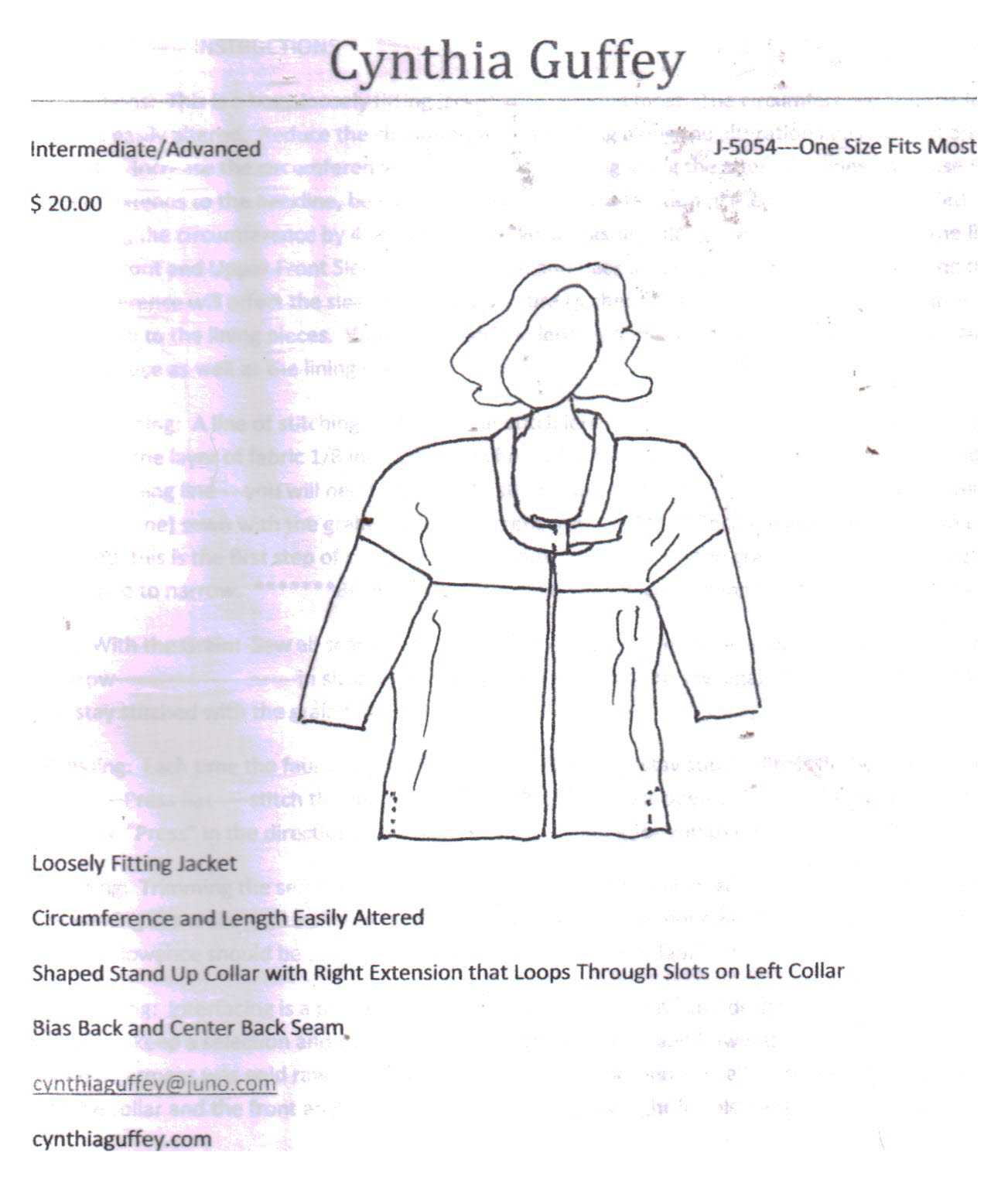 Cynthia Guffey J5054 Loose Fitting Jacket Size: All Uncut Sewing Pattern
