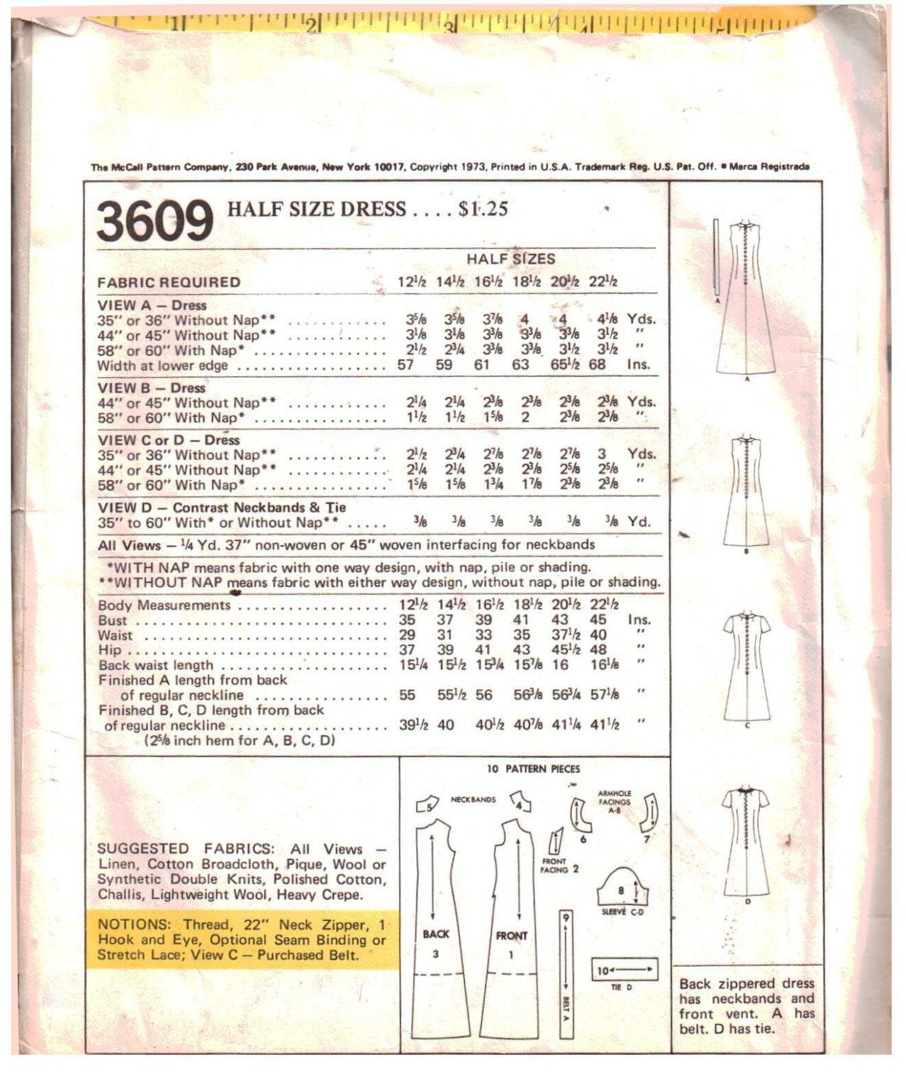 McCall's 3609 Dress Size: 14.5 Bust 37 Used Sewing Pattern
