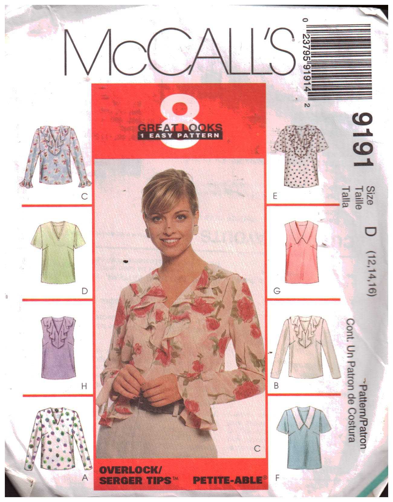 McCall's 9191 Blouses Size: D 12-14-16 Used Sewing Pattern