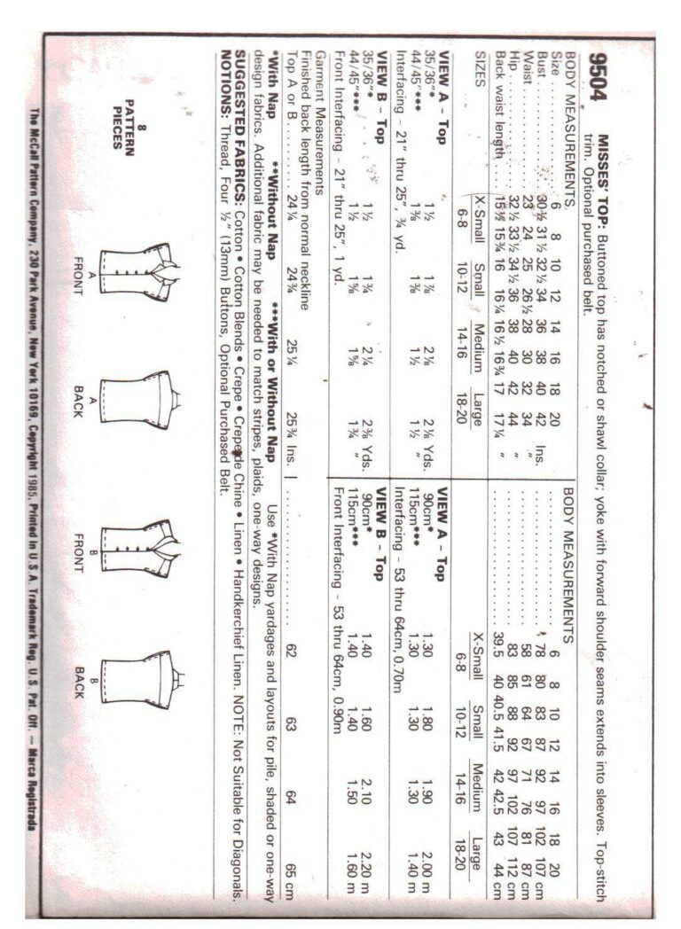 McCall's 9504 Top Size: 18-20 Uncut Sewing Pattern