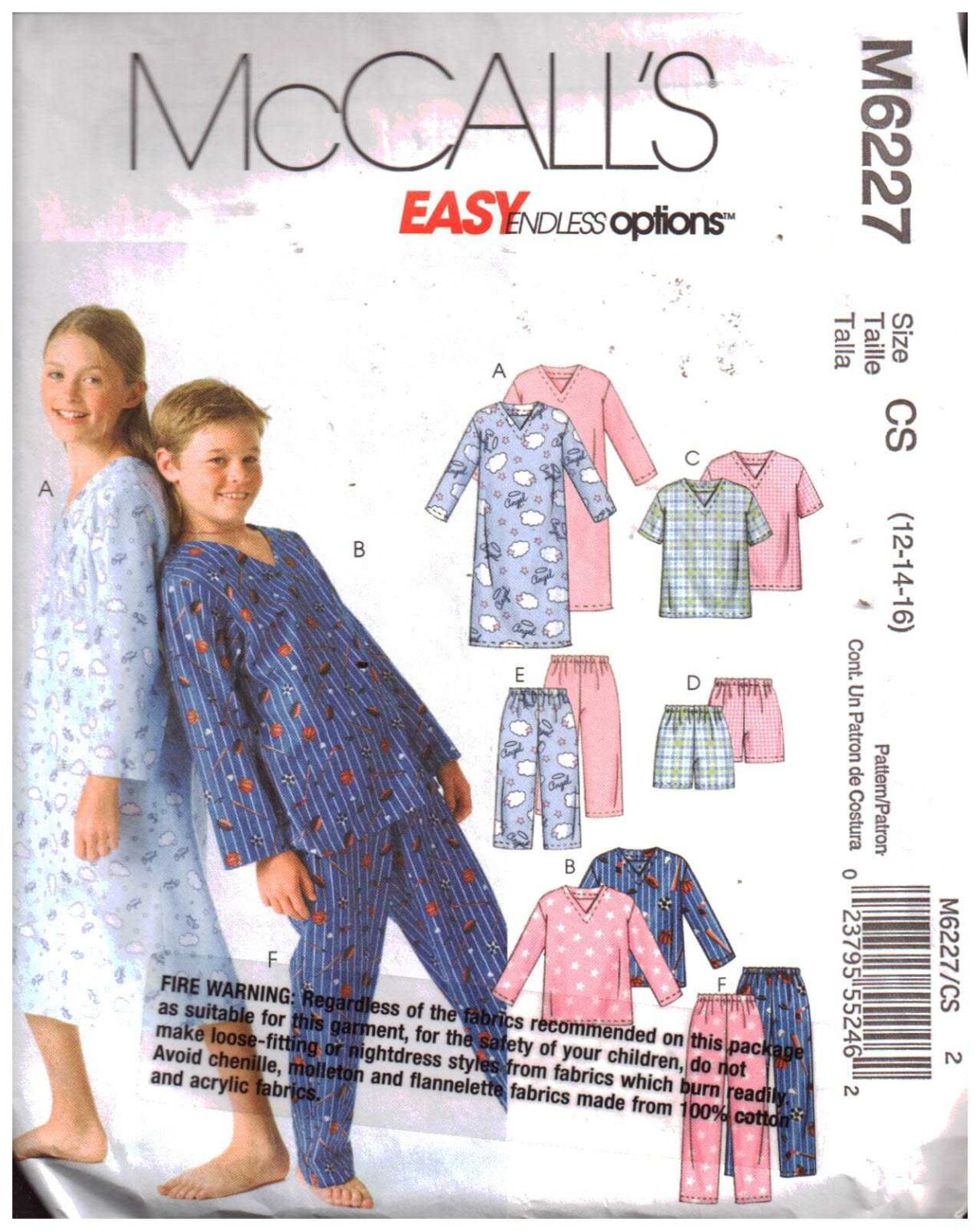 McCall's M6227 Child's Nightshirt, Top, Shorts, Pants Size CS 121416