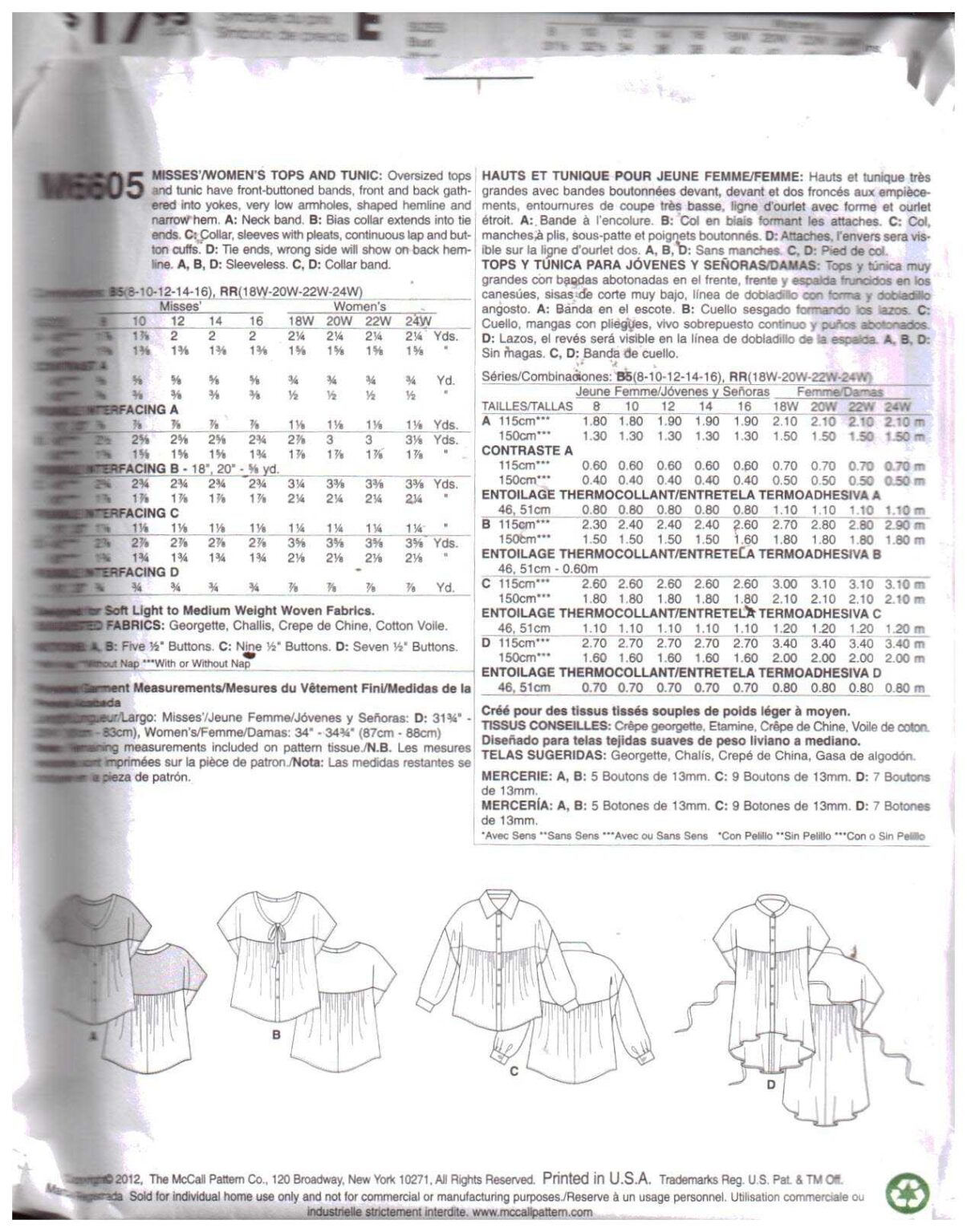 12+ How To Sewing Pattern McCall's M6605 Top, Tunic Size: B5 8-10-12-14-16 Uncut Sewing Pattern