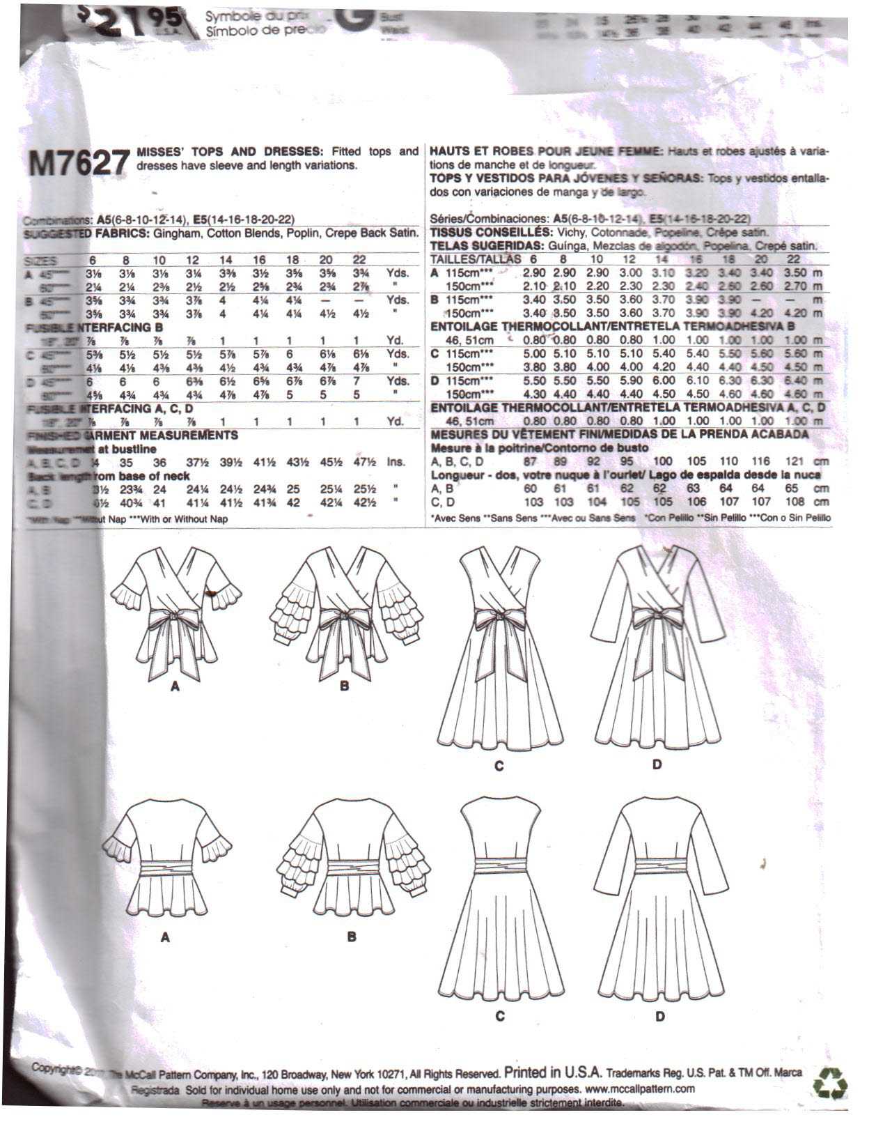 McCall's M7627 Tops, Dress Size: E5 14-16-18-20-22 Used Sewing Pattern