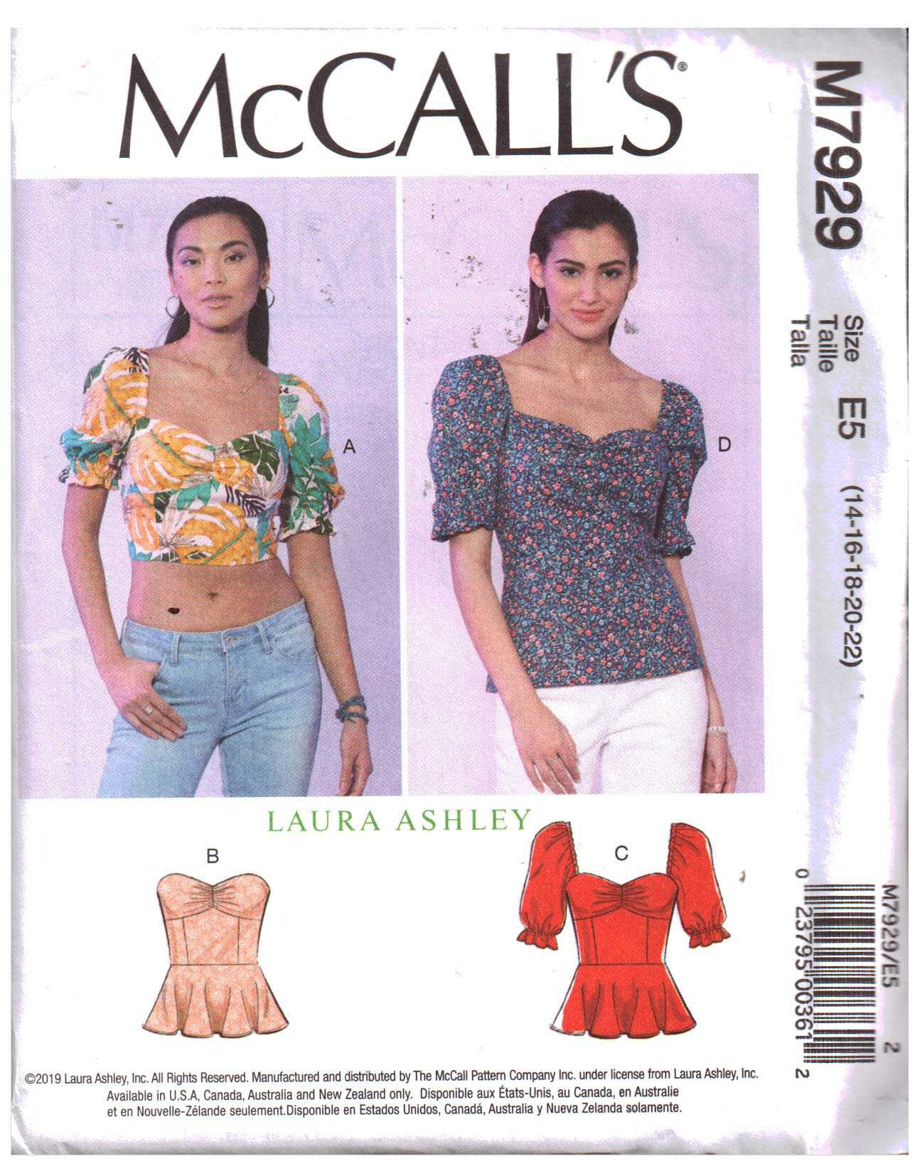 McCall's M7929 Tops by Laura Ashley Size: E5 14-16-18-20-22 Uncut Sewing  Pattern