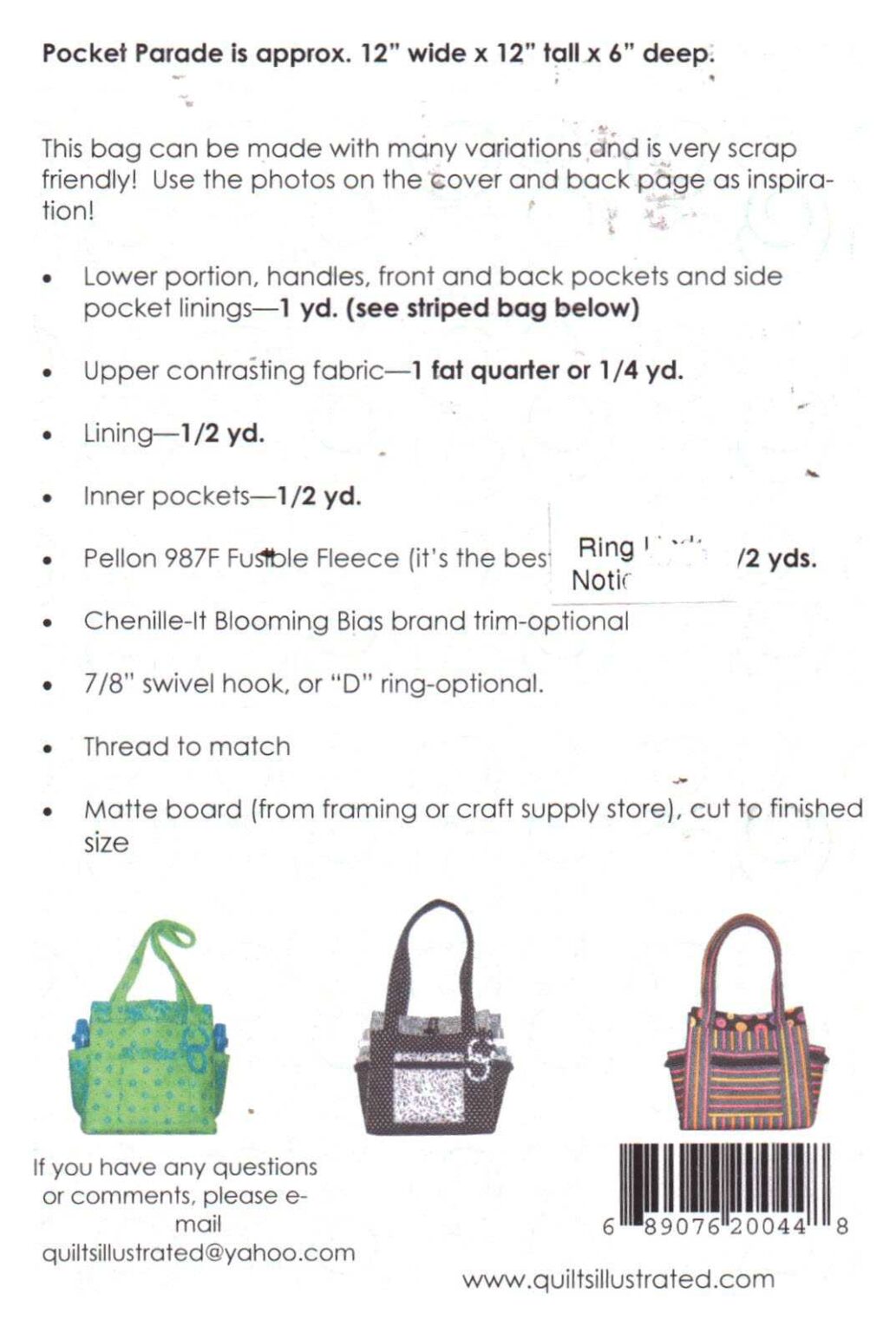 Quilts Illustrated PS015 Pocket Parade Tote by Penny Sturges Size One