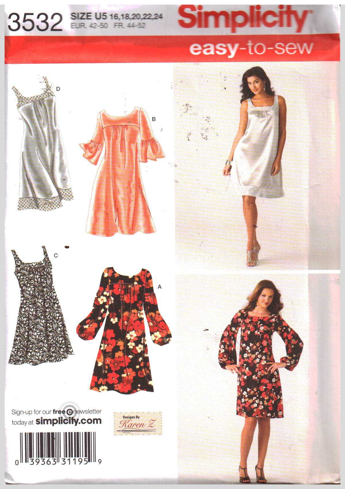 Simplicity 3532 Dress Size: U5 16-18-20-22-24 Uncut Sewing Pattern