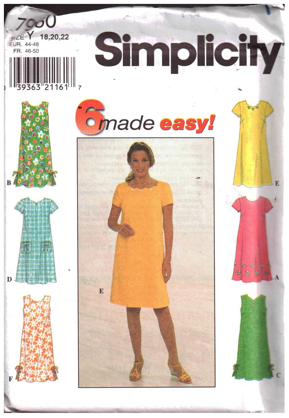 Simplicity 7960 Dress Size: Y 18-20-22 Uncut Sewing Pattern