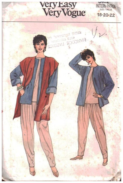 Vogue 8402 Jacket, Vest, Pants, Top Size: 18-20-22 Uncut Sewing Pattern