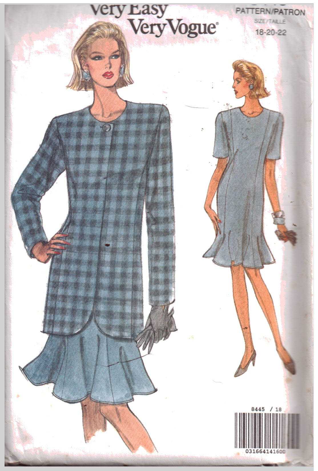 Vogue 8445 Dress, Jacket Size: 18-20-22 Uncut Sewing Pattern