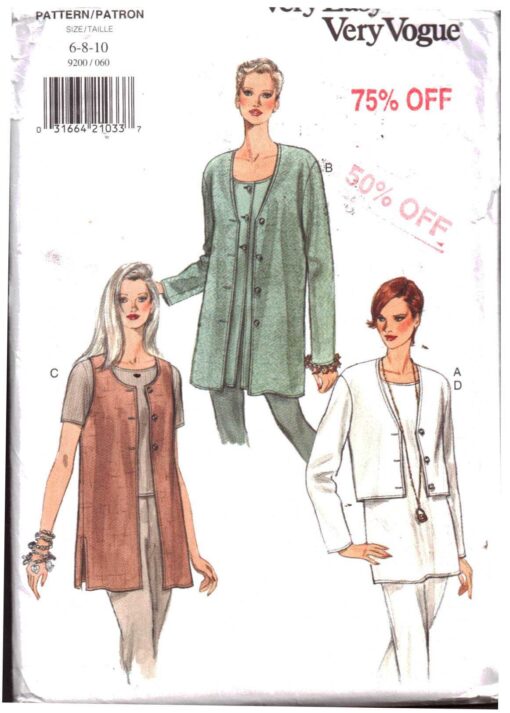 Vogue 9200 Cardigan, Vest, Top Size: 6-8-10 Uncut Sewing Pattern