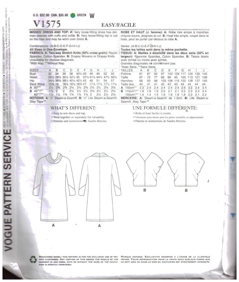 Pattern Sixe Vogue V1575 Dress, Top by Sandra Betzina Sixe: OSZ Uncut Sewing Pattern