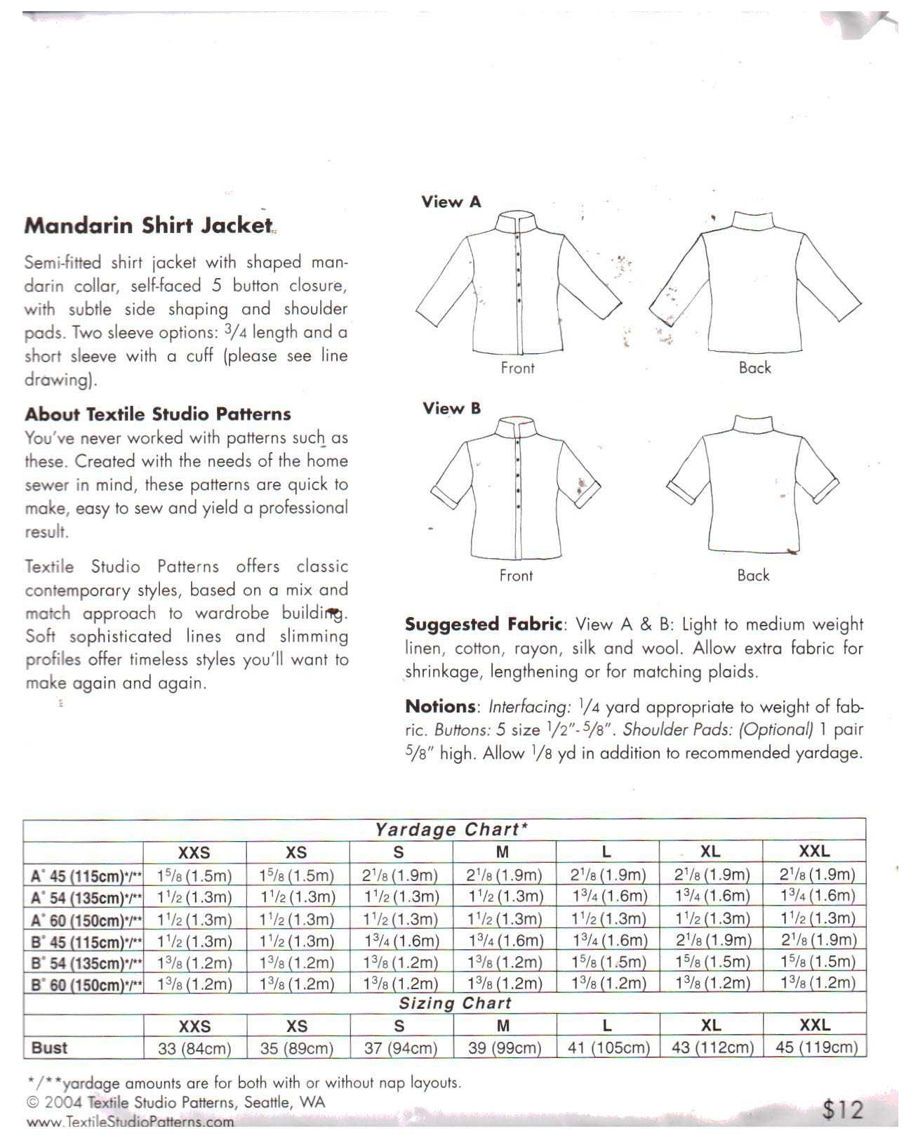 Textile Studio Patterns 1213 Mandarin Shirt Jacket Size: Bust 33-45 ...