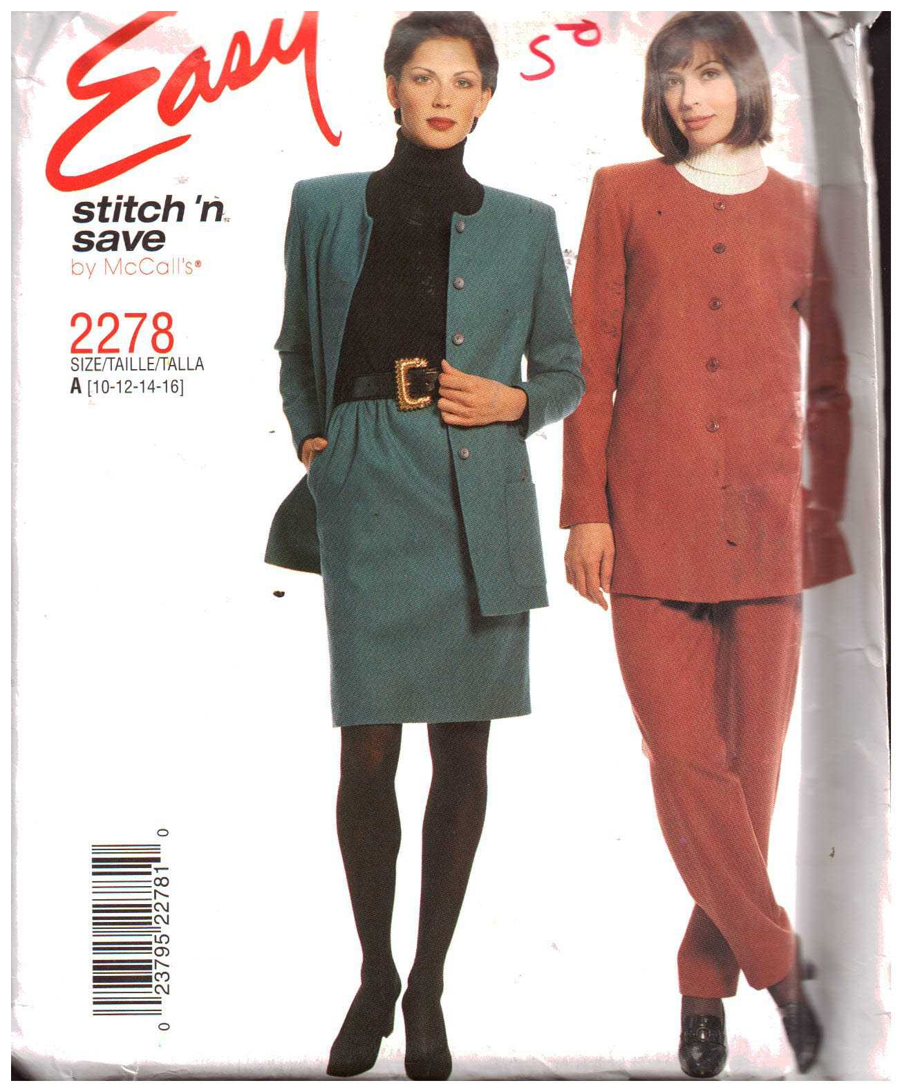 McCall's 2278 Jacket, Pants, Skirt Size: A 10-12-14-16 Uncut Sewing Pattern