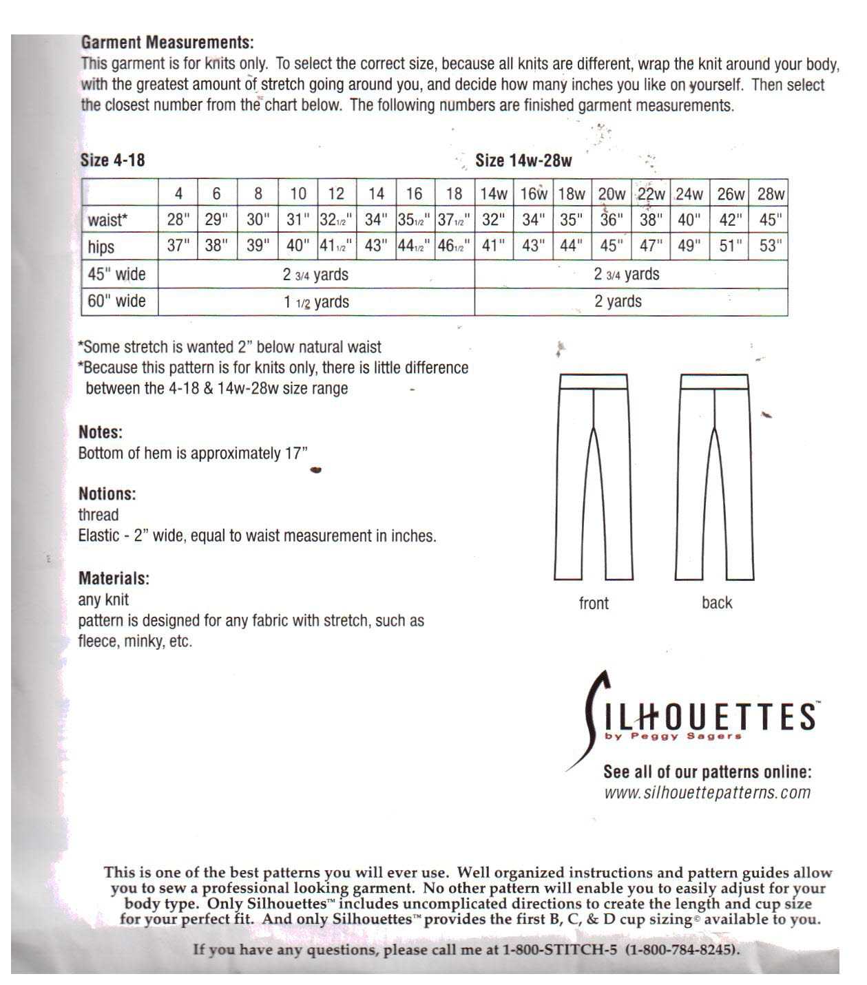 Silhouettes 3400 Three-piece Yoga Pant Size: 4-18 Used Sewing Pattern