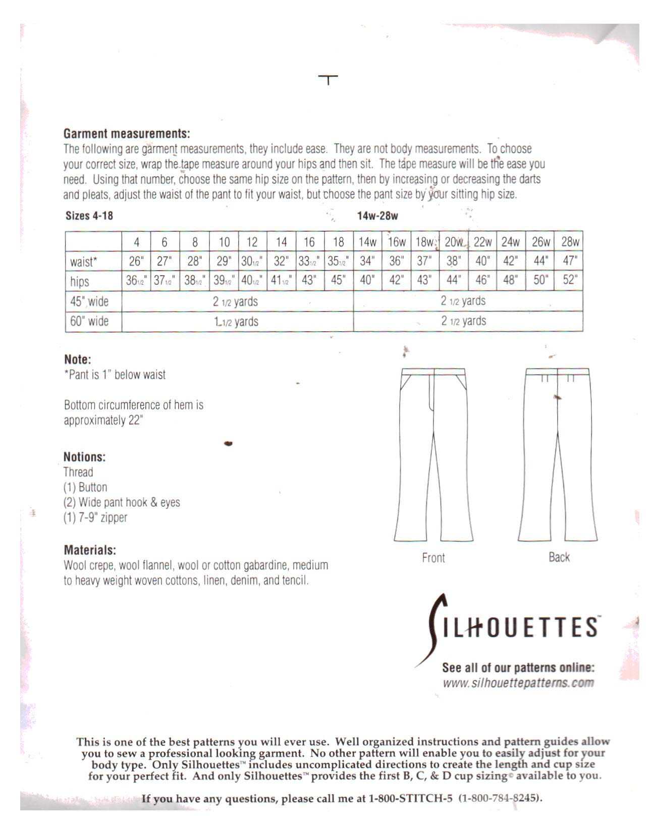Silhouettes 3600 Ralph's Pant Size: 4-18 Uncut Sewing Pattern