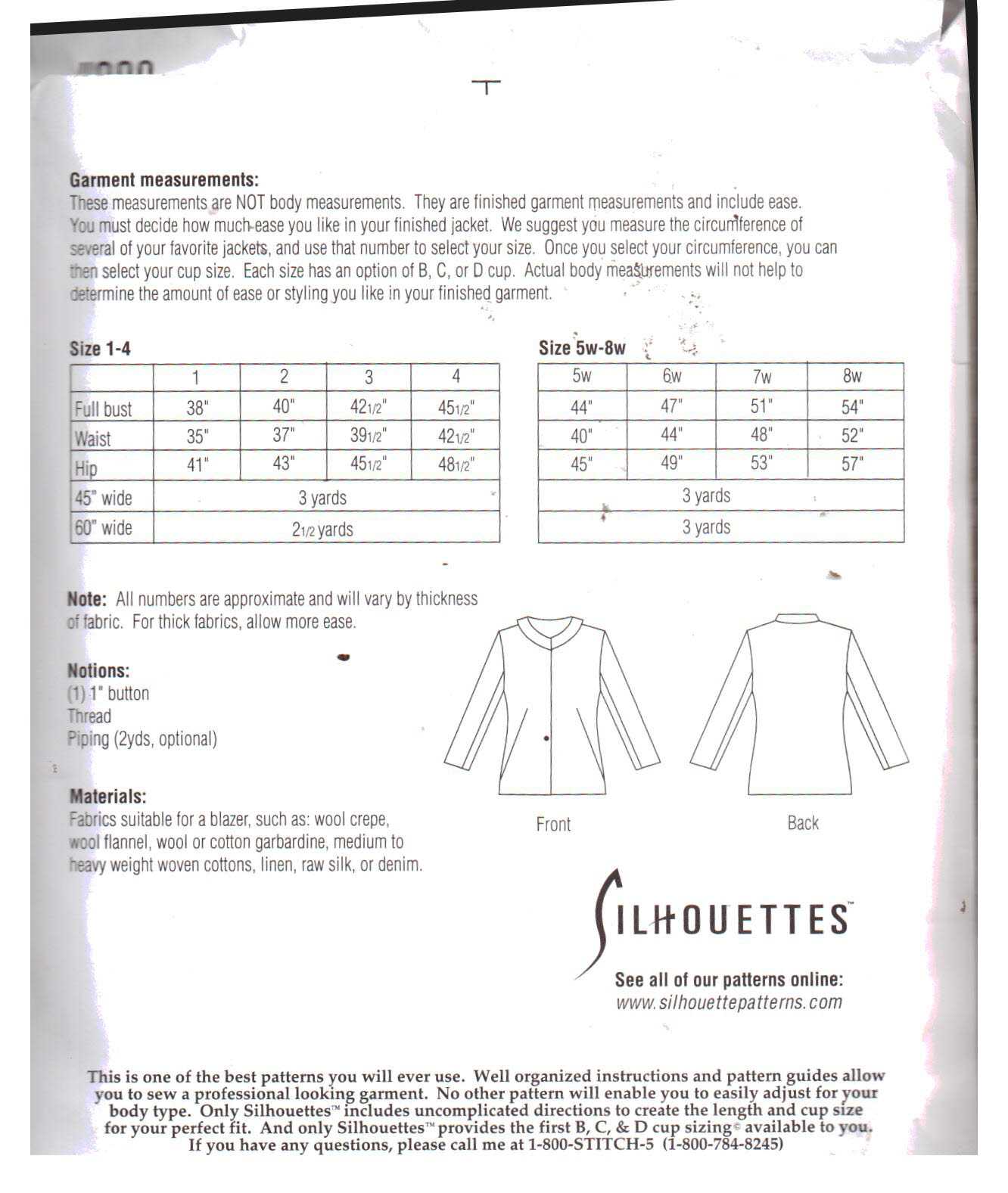 Silhouettes 909 Mareetta's E-Z Jacket Size: 1-4 Uncut Sewing Pattern