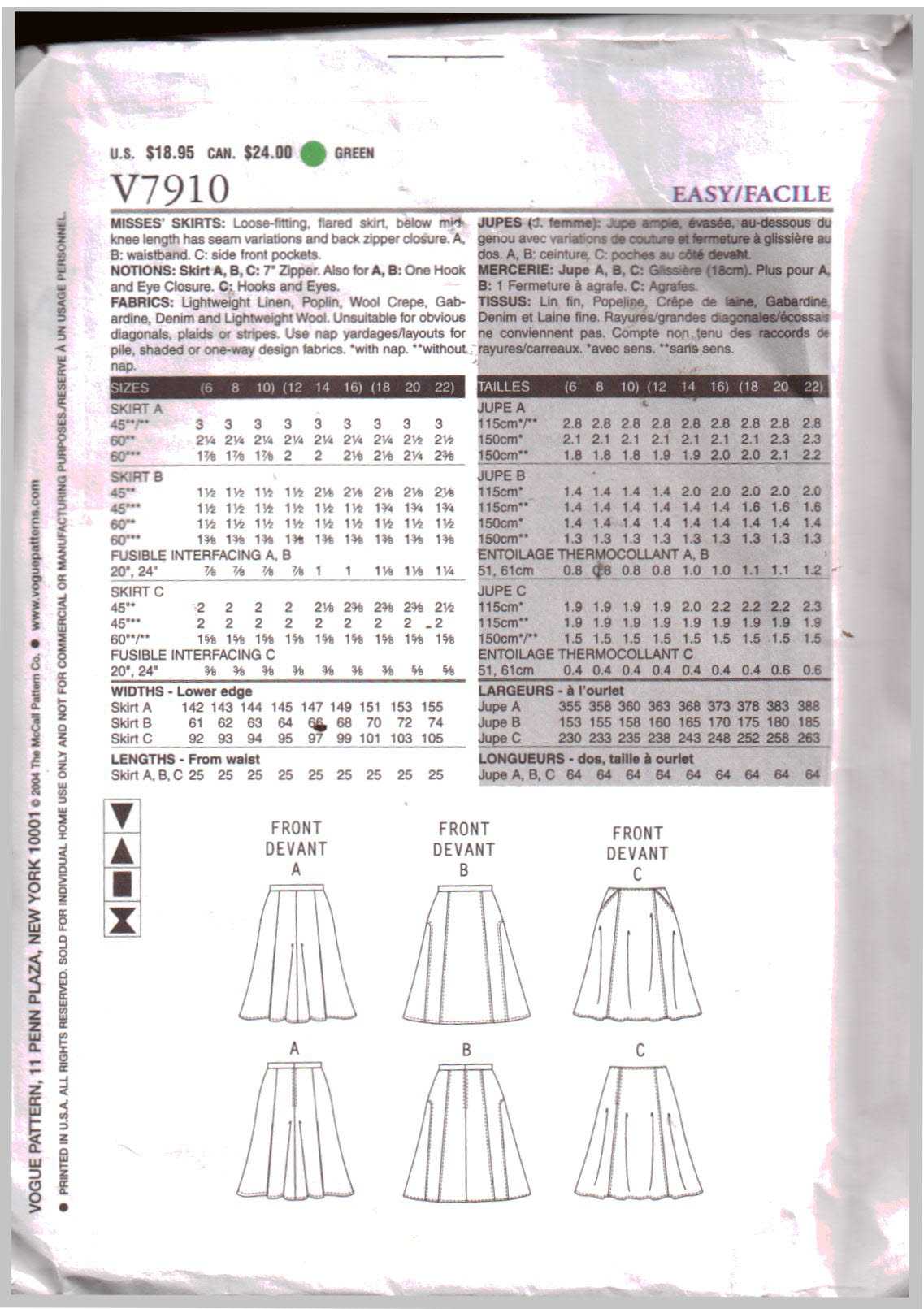 Vogue V7910 Skirts Size: 6-8-10 Used Sewing Pattern