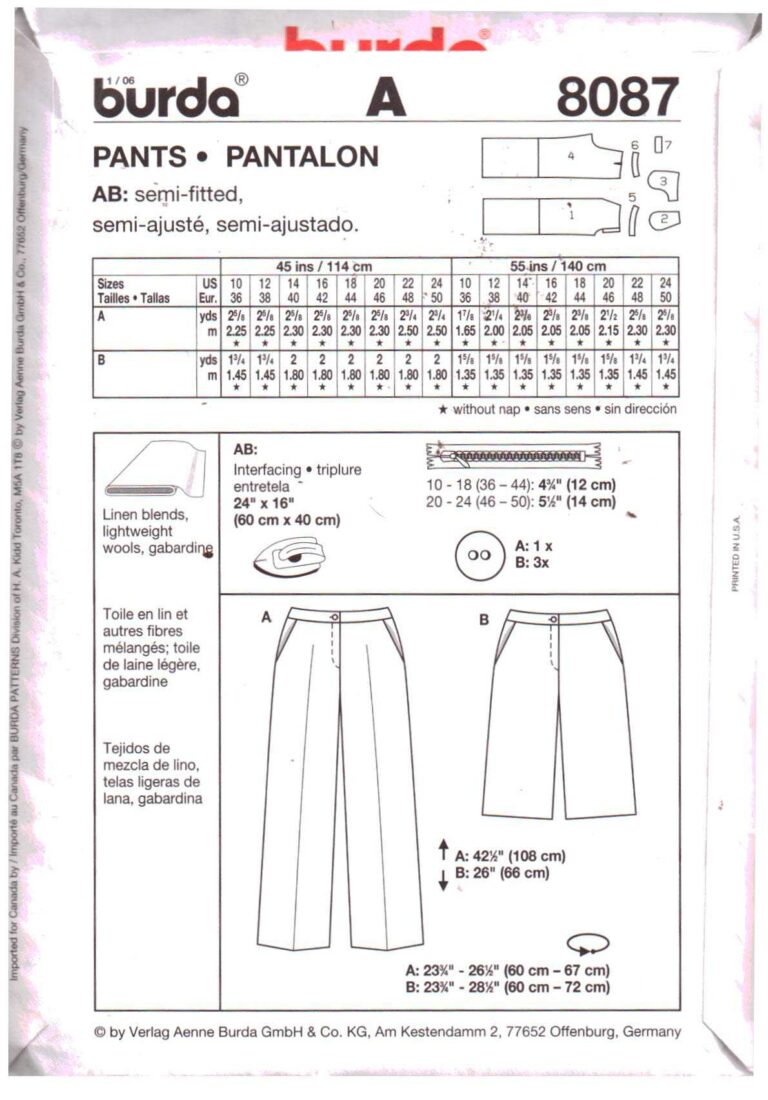 Burda Burda 8087 Pants, Shorts Size 1024 Uncut Sewing Pattern