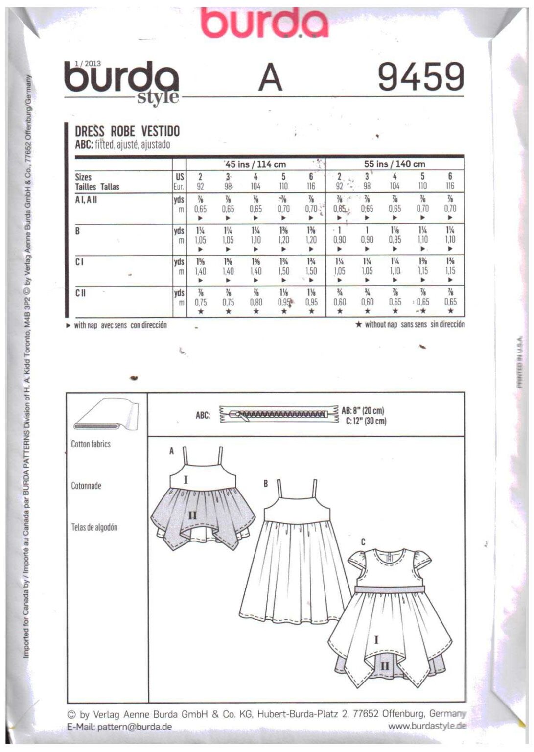 Burda Burda 9459 Girls' Dress, Top Size: 2-3-4-5-6 Uncut Sewing Pattern