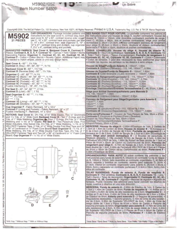 M5902 R6 McCall's M5902 Car Organizers Size: OSZ Uncut Sewing Pattern