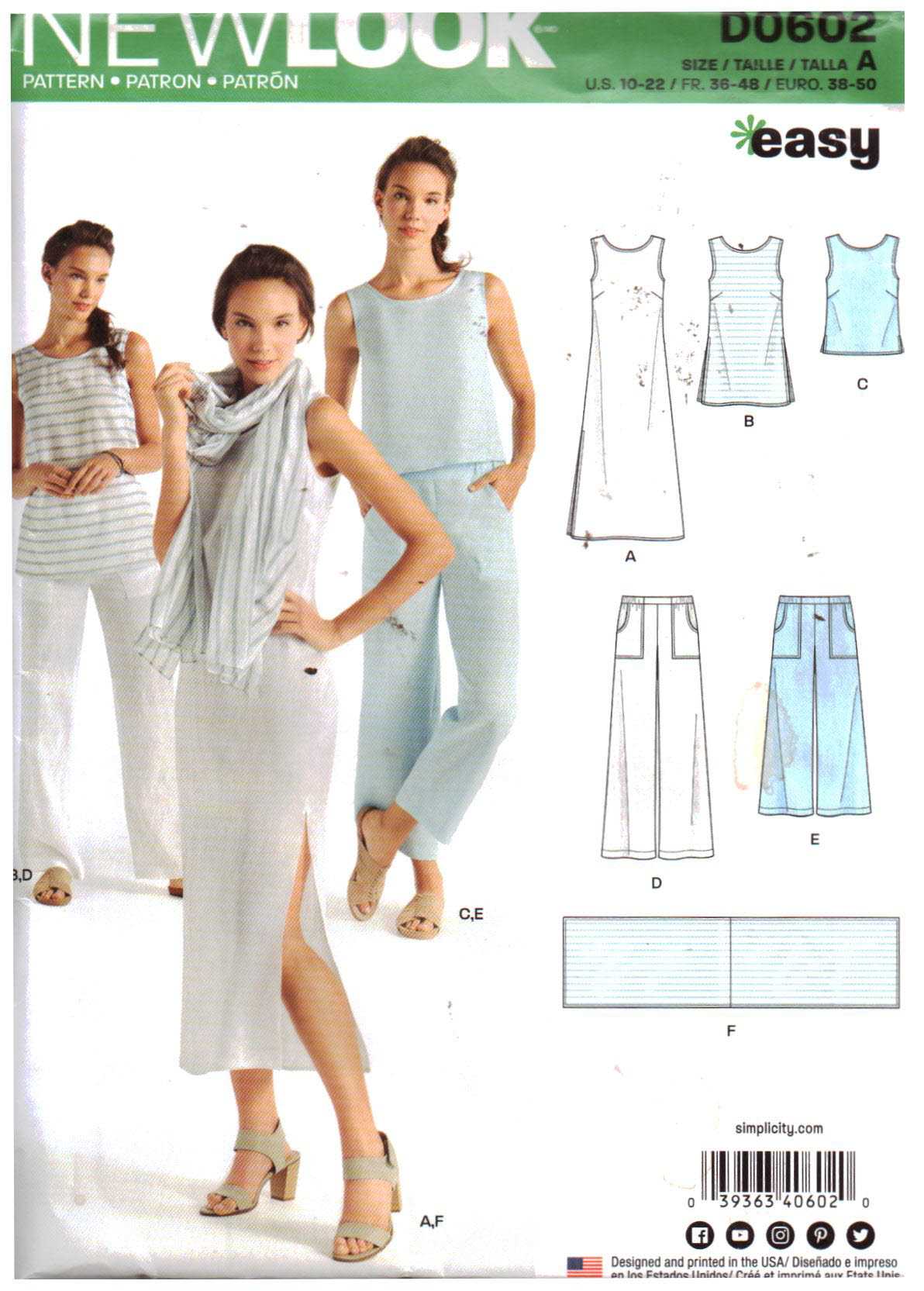 New Look D0602 Dress, Top, Pants Size: 10-22 Uncut Sewing Pattern