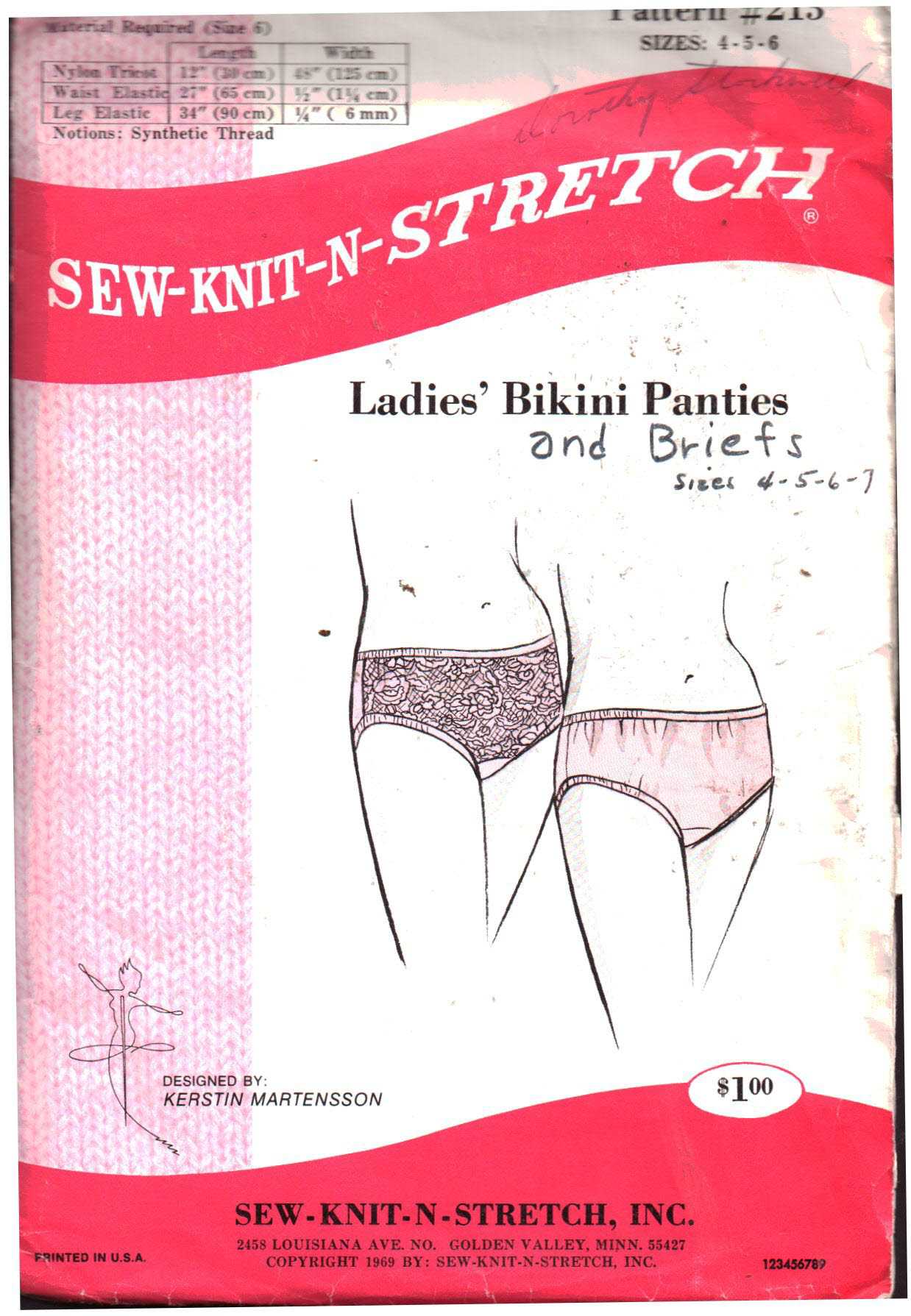 Sew-Knit-N-Stretch 213 Panties Size: 4-5-6 Uncut Sewing Pattern