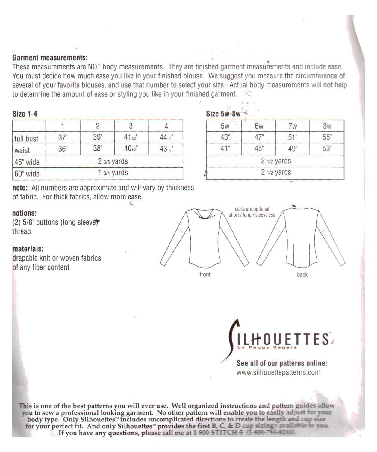 Silhouettes 550 Cowl-Neck Blouse Size: 1-4 & 5W-8W Uncut Sewing Pattern