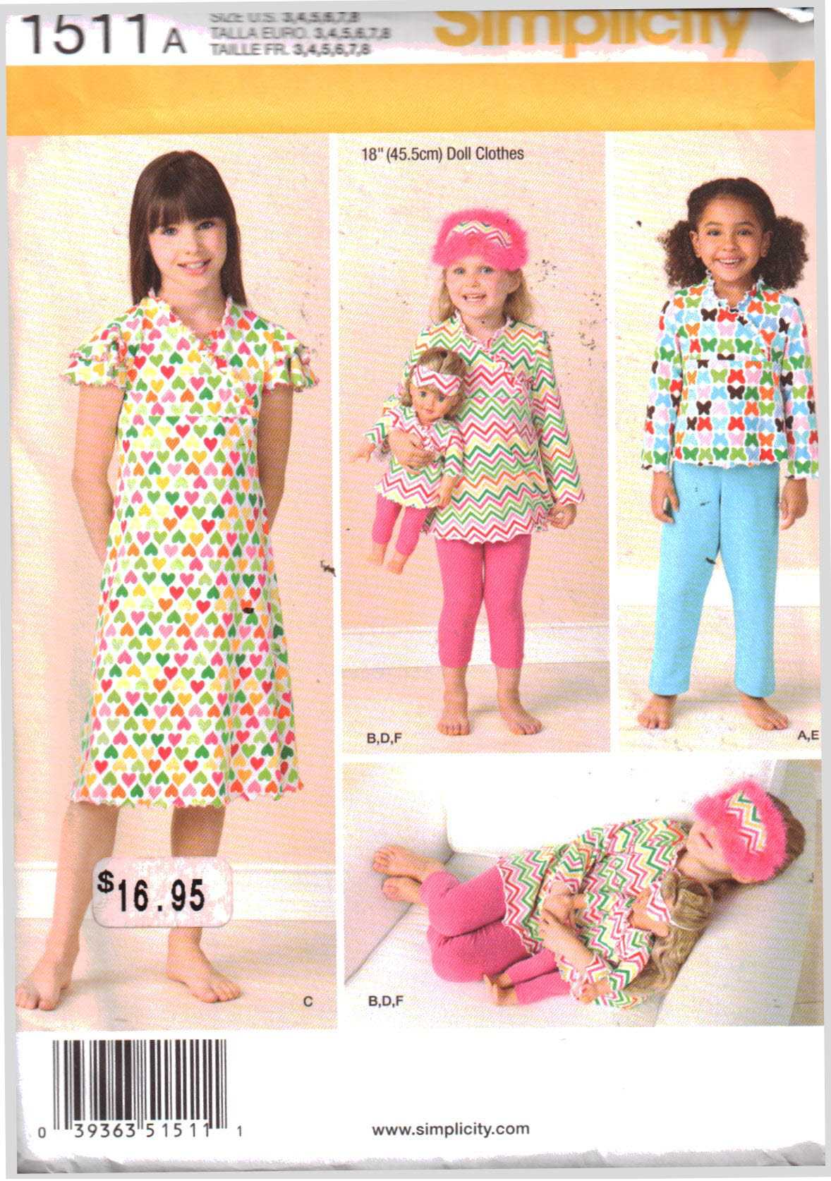Simplicity 1511 Girls' Top, Tunic, Dress, Pants, Leggings, Eye Mask, and  18 Doll matching clothes Size: A 3-4-5-6-7-8 Uncut Sewing Pattern