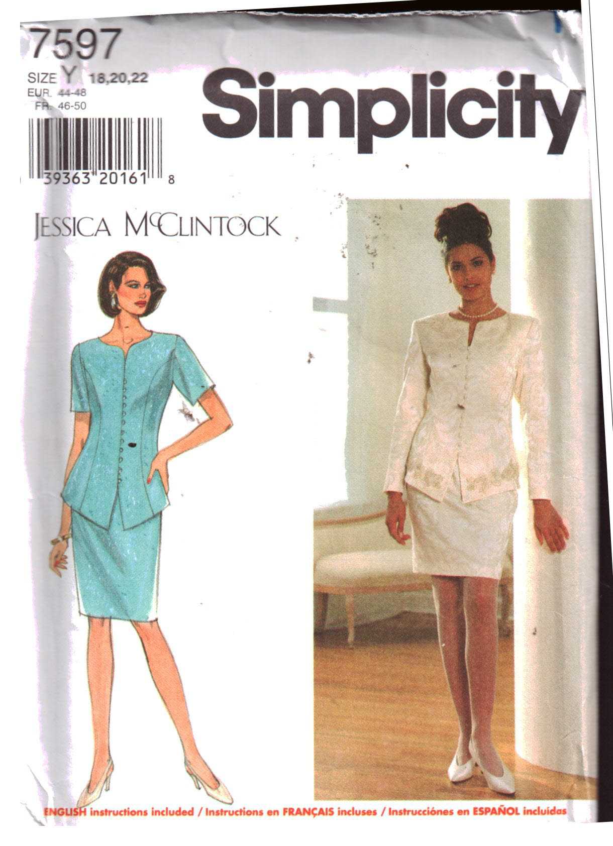 Simplicity 7597 Suit - Jacket, Skirt by Jessica McClintock Size: Y 18-20-22  Uncut Sewing Pattern