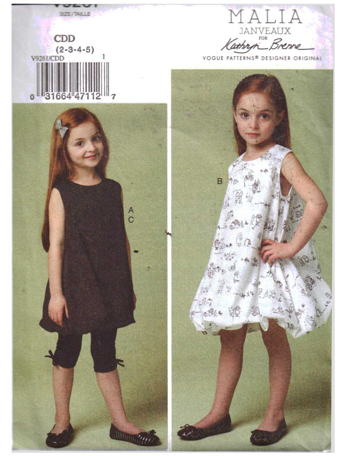 Vogue V9261 Girl's Dress, Tunic, Leggings Size: CDD 2-3-4-5 Used Sewing  Pattern