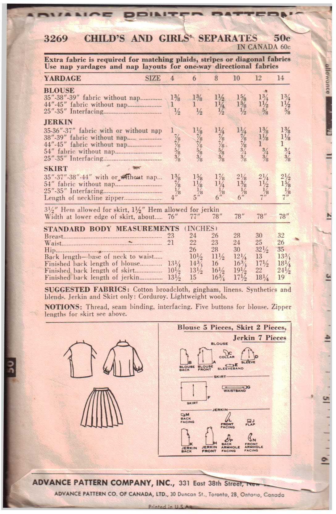 Advance 3269 Girl's Skirt, Top , Vest Size: 8 Used Sewing Pattern - Image 2
