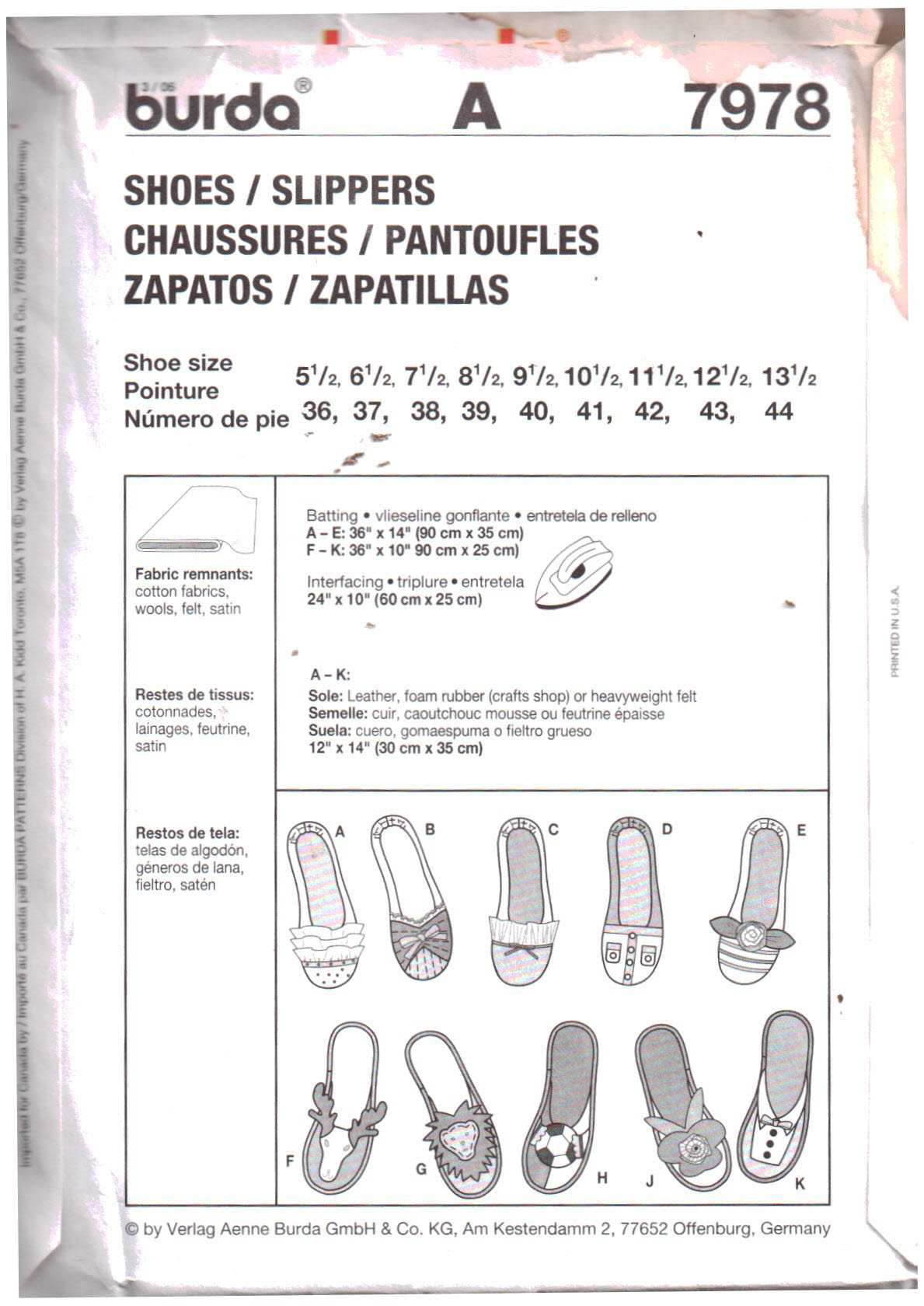 Burda 7978 Slippers Size: 5.5-13.5 Uncut Sewing Pattern - Image 2