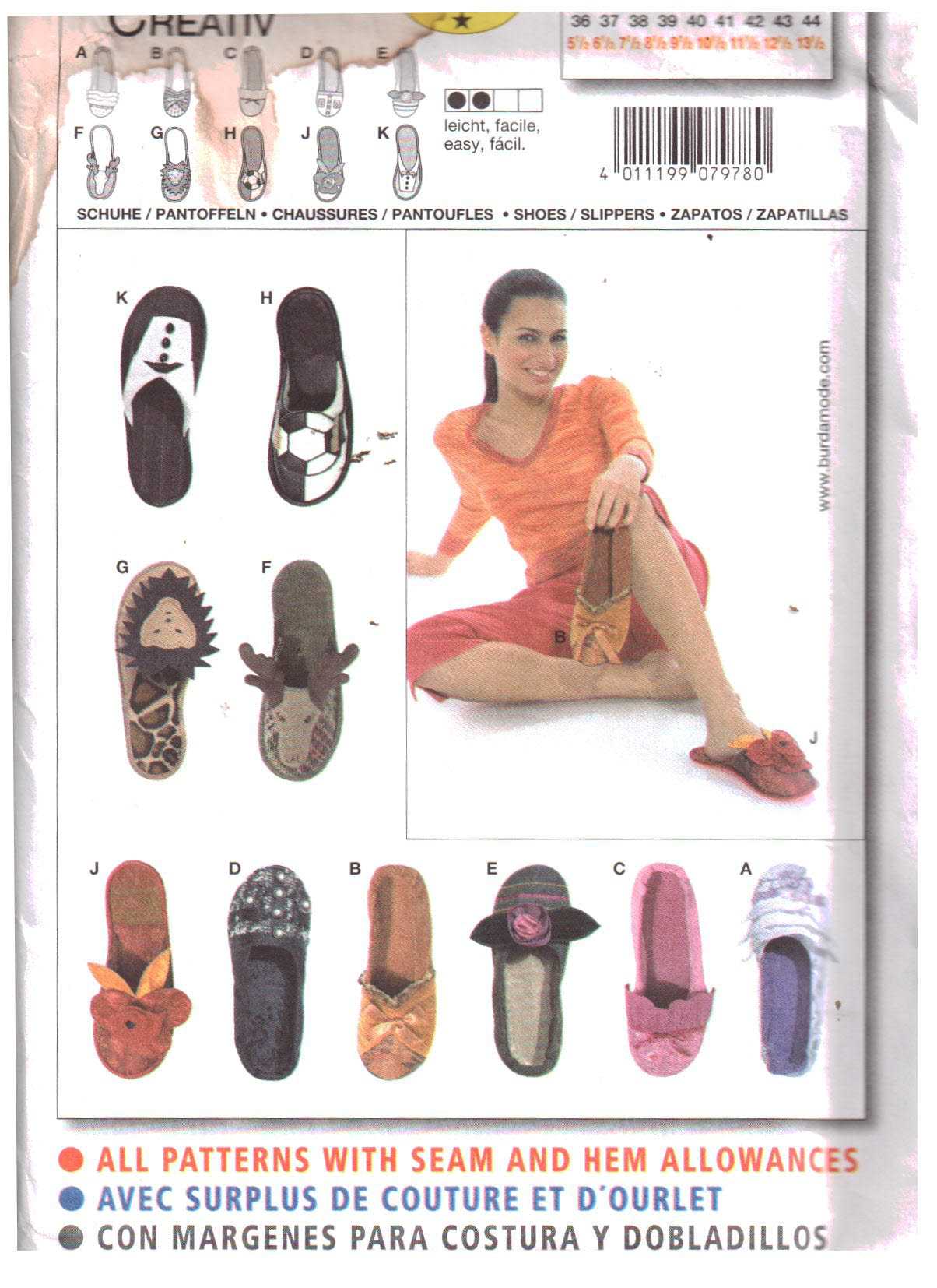 Burda 7978 Slippers Size: 5.5-13.5 Uncut Sewing Pattern