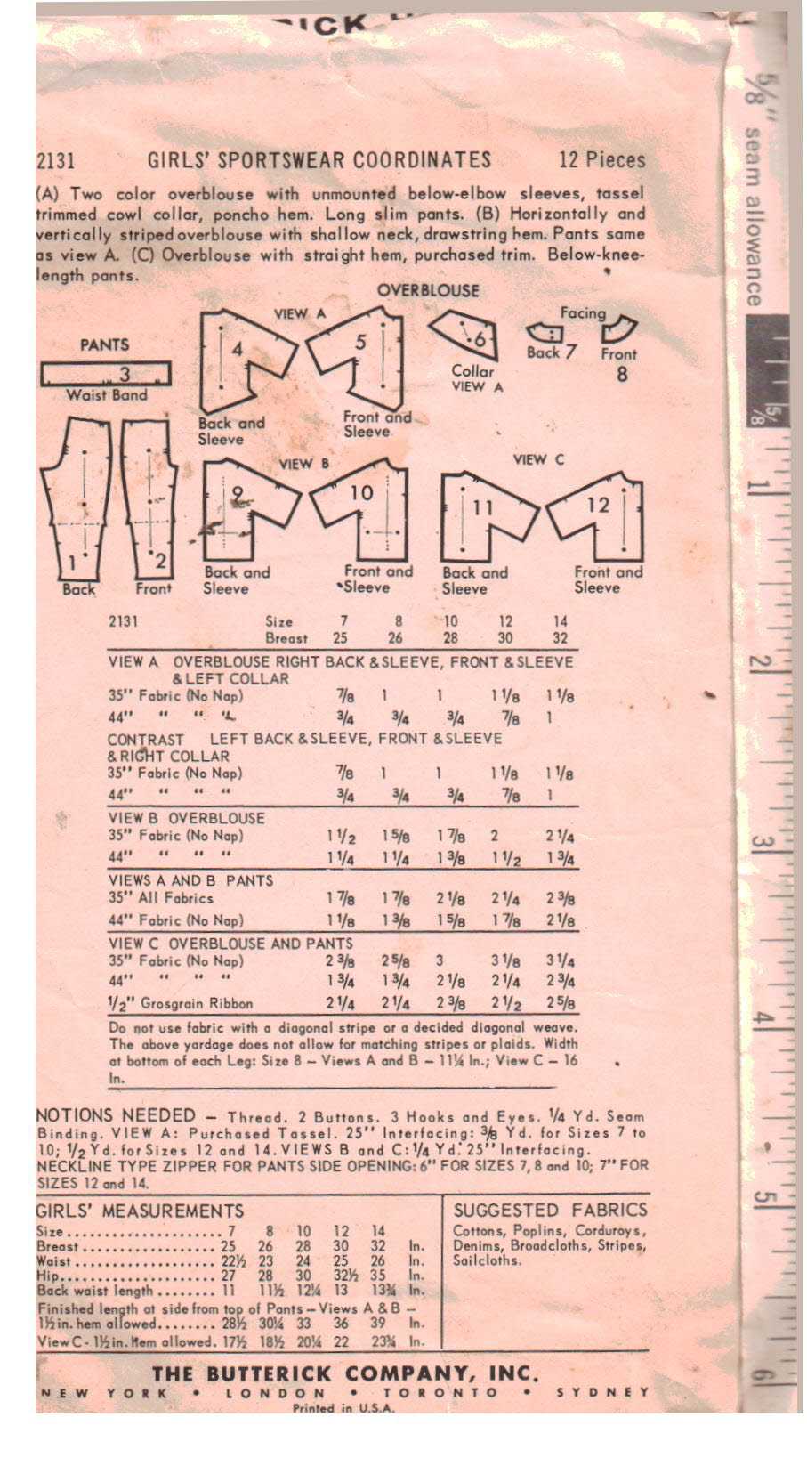 Butterick 2131 Girl's Pants, Blouse Size: 12 Breast 30 Used Sewing Pattern - Image 2