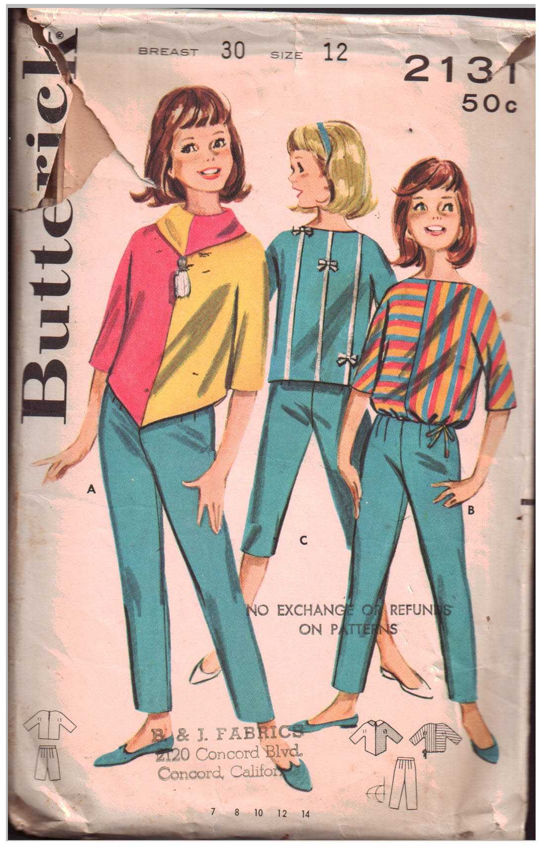 Butterick 2131 Girl's Pants, Blouse Size: 12 Breast 30 Used Sewing Pattern