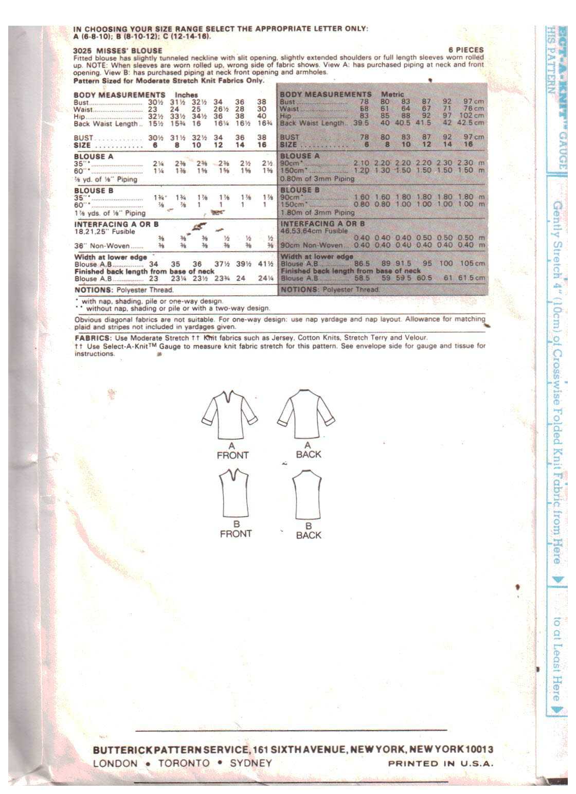 Butterick 3025 Blouse Size: 12-14-16 Used Sewing Pattern - Image 2