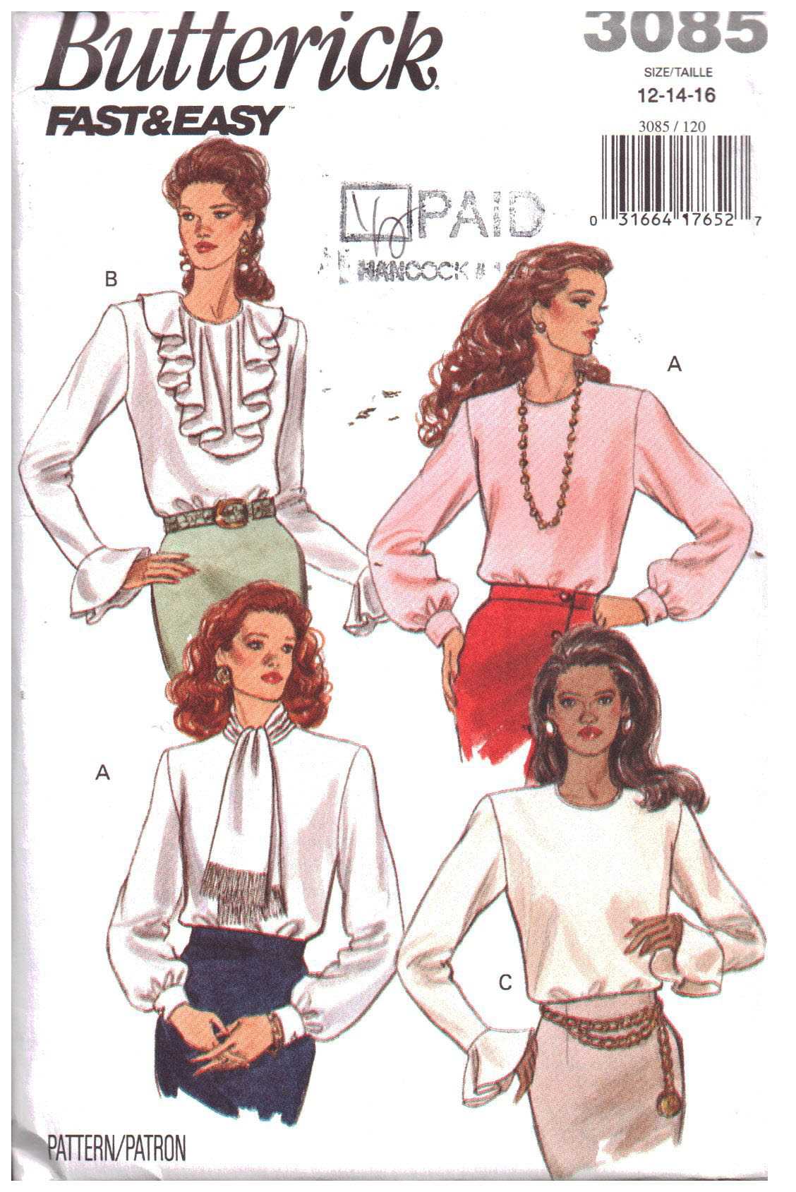Butterick 3085 Blouse Size: 12-14-16 Uncut Sewing Pattern