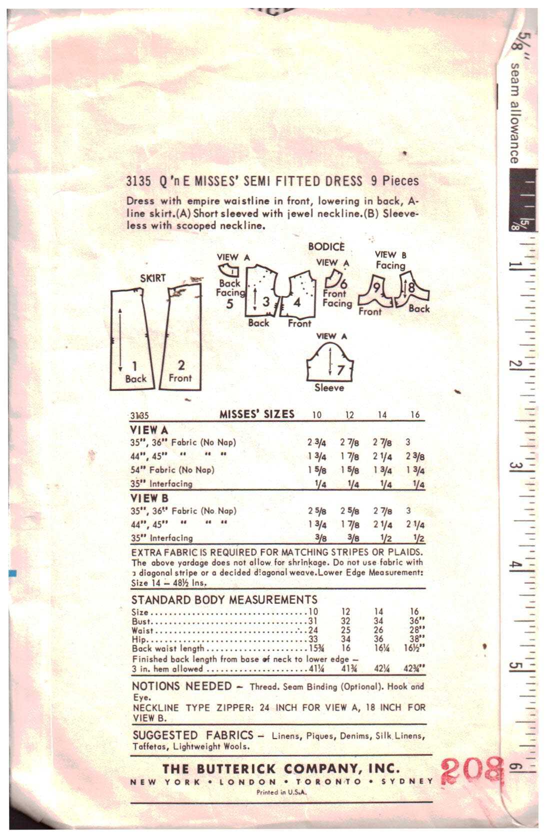 Butterick 3135 Dress Size: 14 Bust 34 Used Sewing Pattern - Image 2