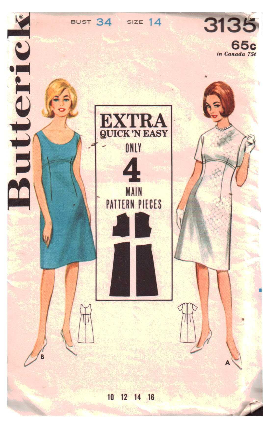 Butterick 3135 Dress Size: 14 Bust 34 Used Sewing Pattern