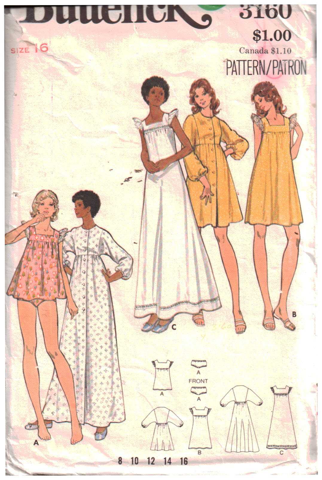 Butterick 3160 Nightgown, Robe Size: 16 Uncut Sewing Pattern
