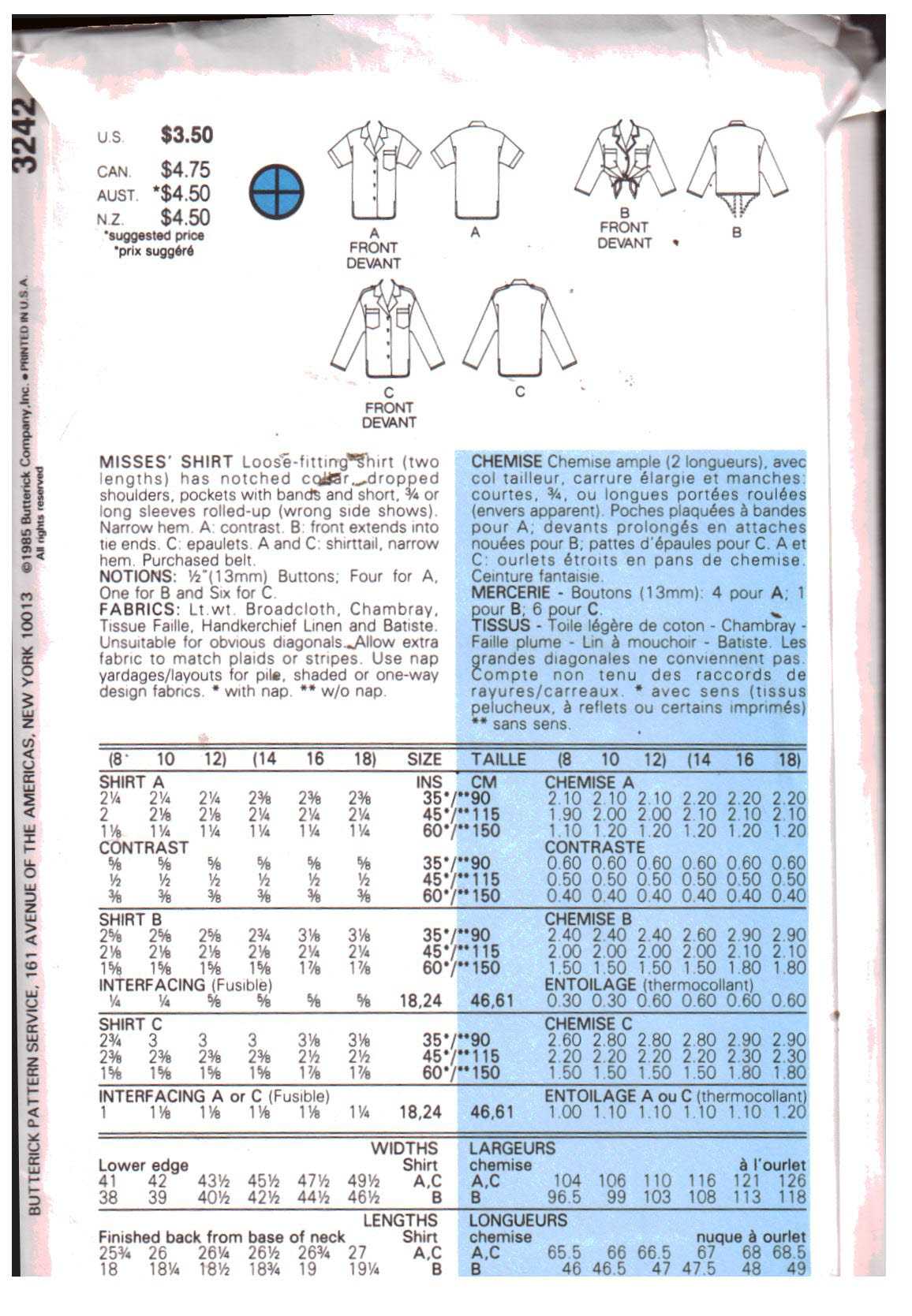 Butterick 3242 Blouse Size: 8-10-12 Used Sewing Pattern - Image 2
