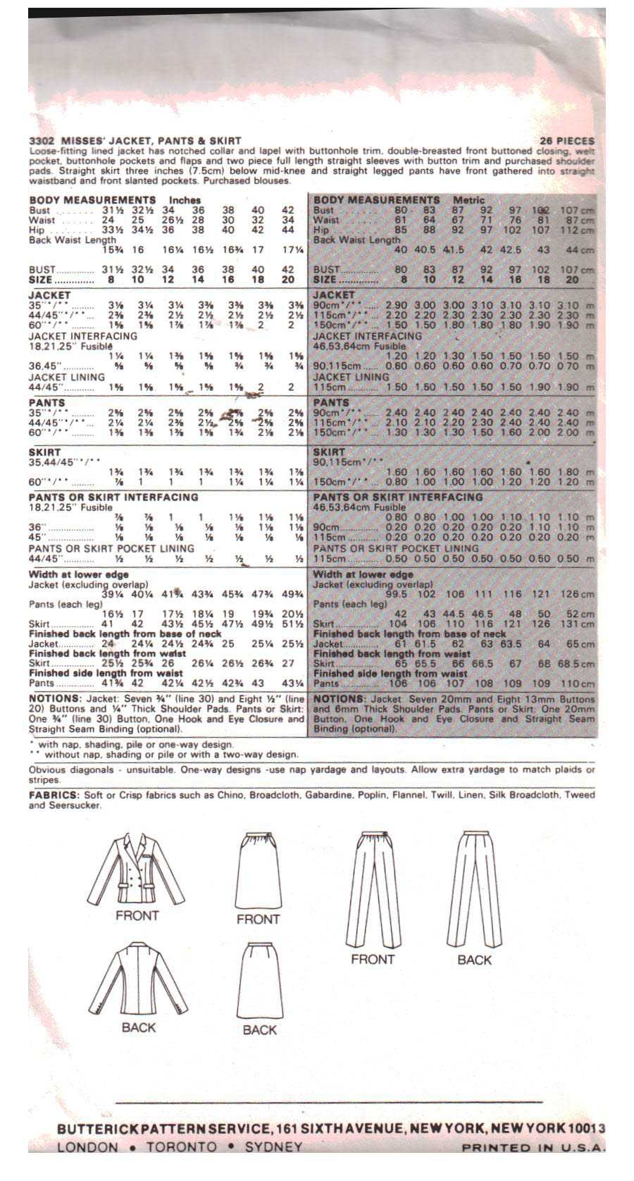 Butterick 3302 Jacket, Pants, Skirt Size: 10 Uncut Sewing Pattern - Image 2