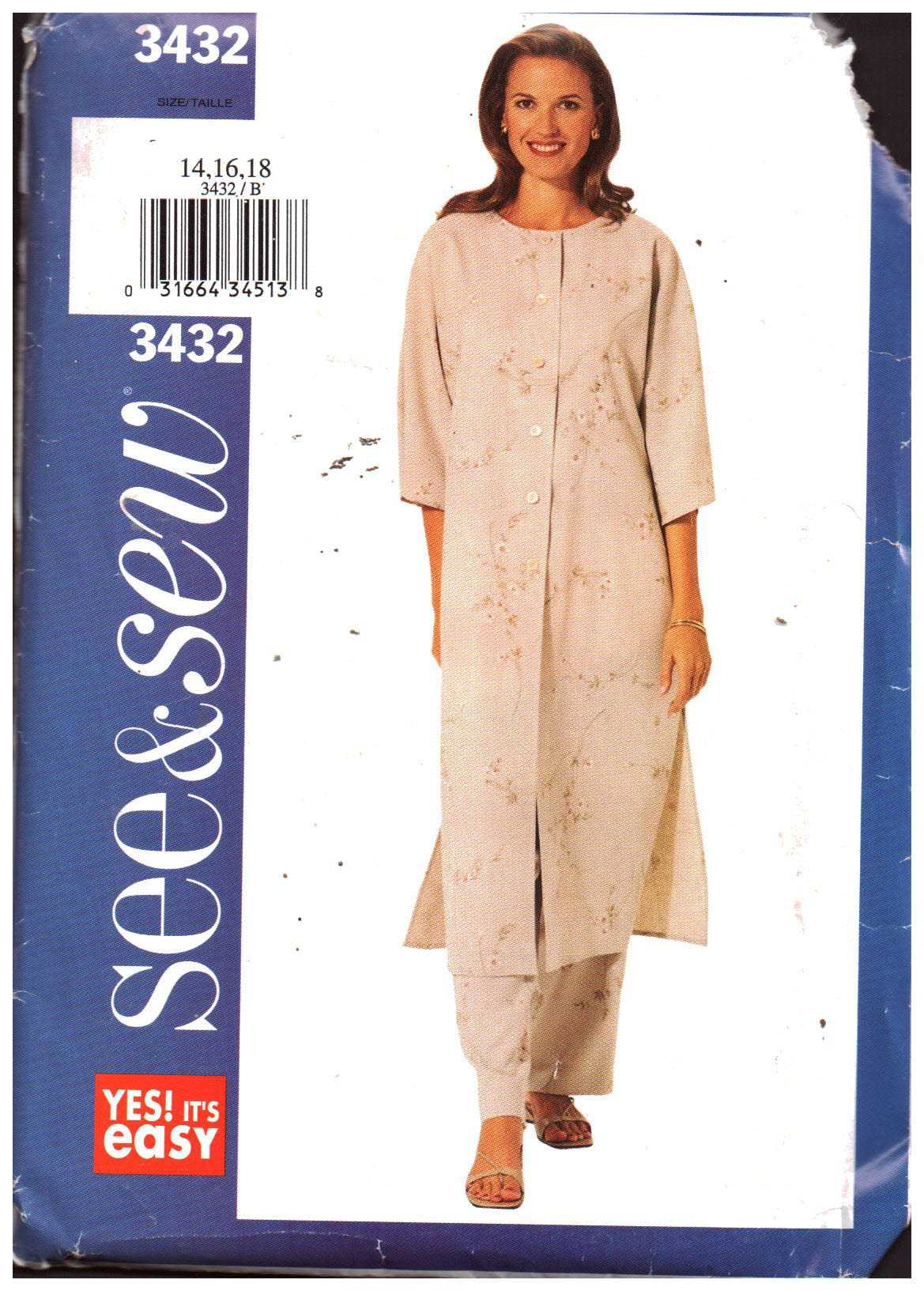 Butterick 3432 Tunic, Pants Size: 14-16-18 Uncut Sewing Pattern