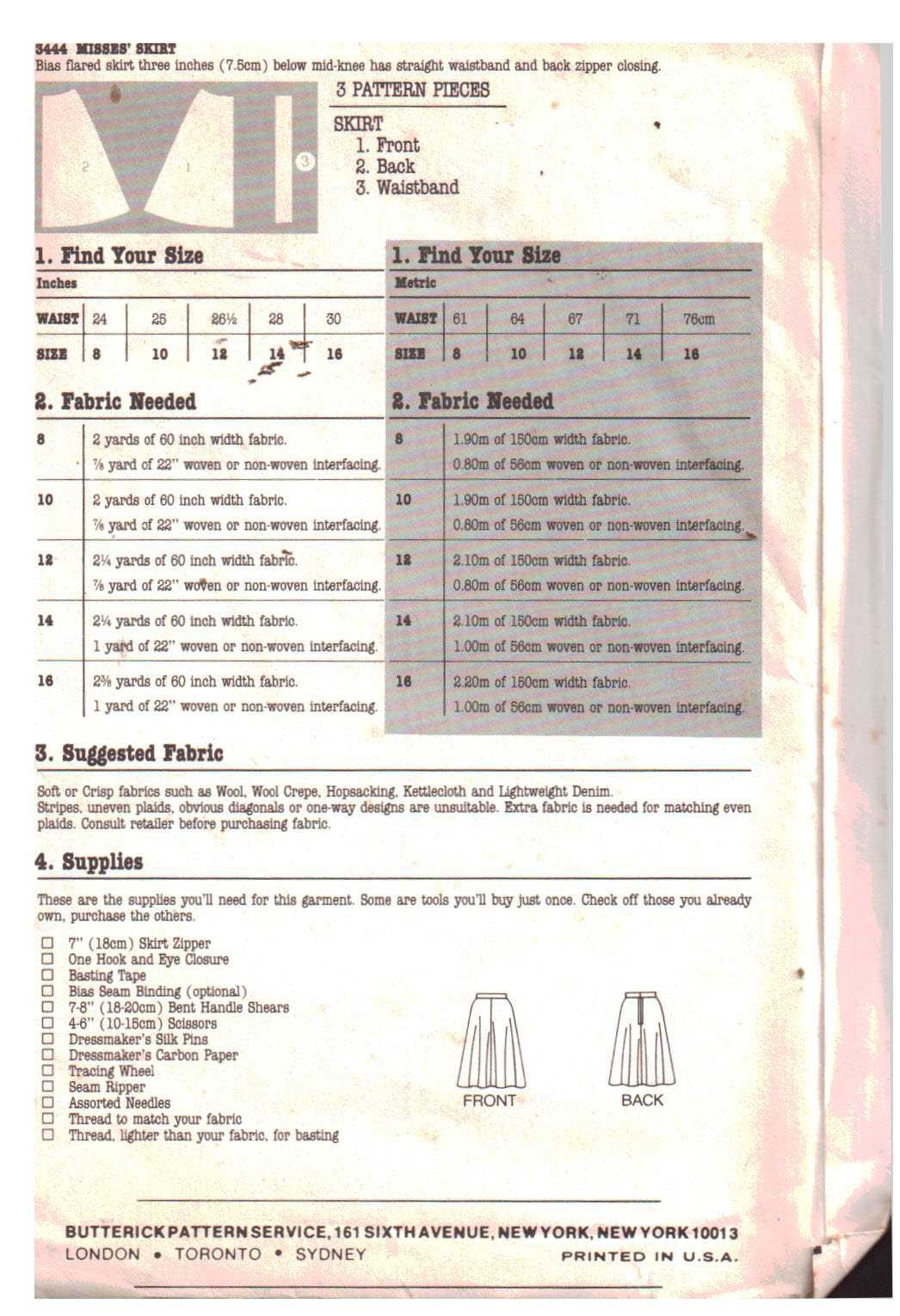 Butterick 3444 Skirt Size: 14 Uncut Sewing Pattern - Image 2