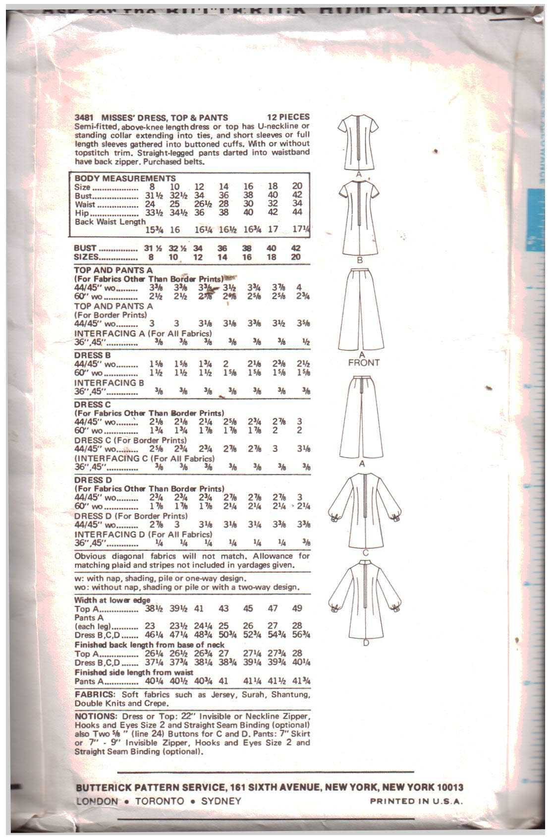 Butterick 3481 Dress, Top, Pants Size: 12 Used Sewing Pattern - Image 2